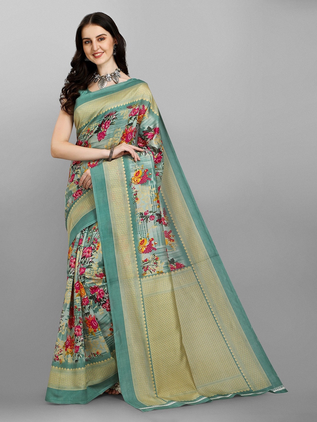 

YOYO Fashion Turquoise Blue & Gold-Toned Floral Art Silk Saree