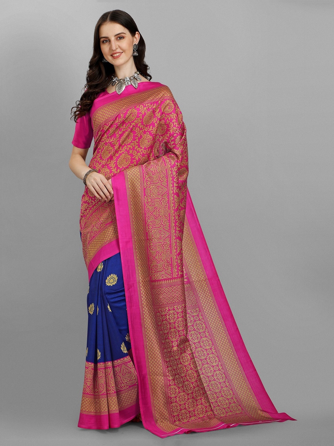 

YOYO Fashion Pink & Blue Ethnic Motifs Saree