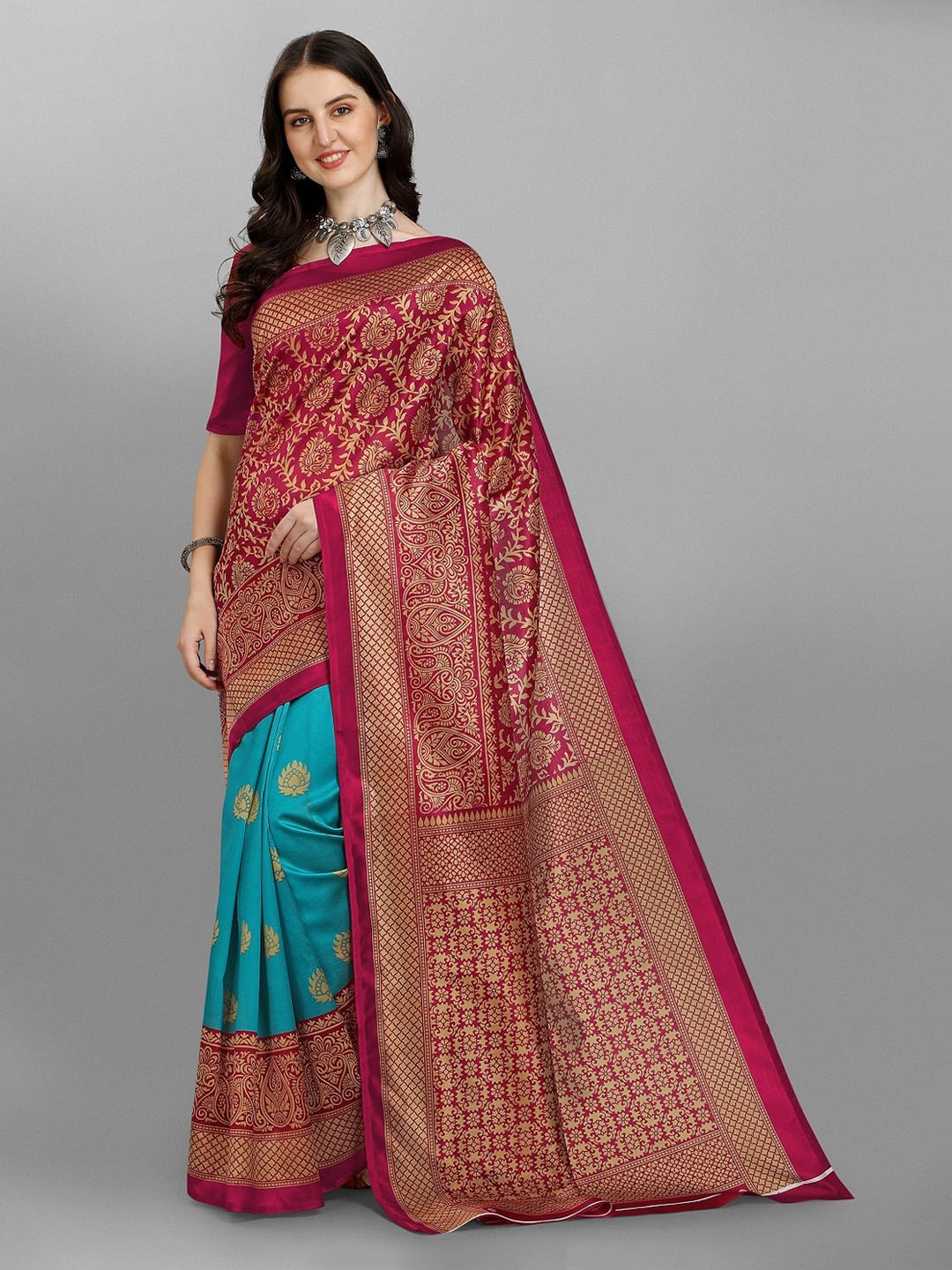 

YOYO Fashion Pink & Turquoise half and half Blue Ethnic Motifs Zari Saree