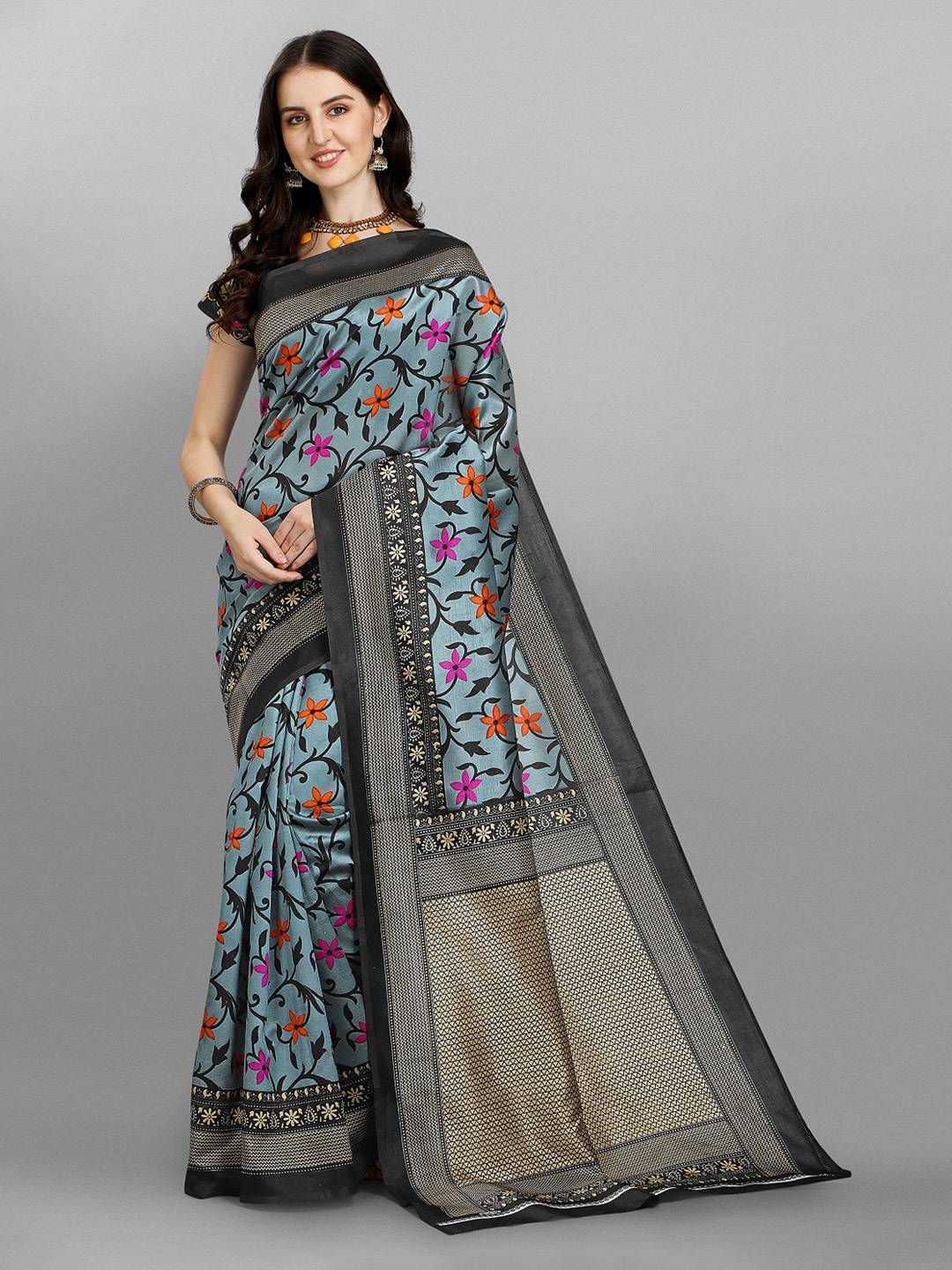 

YOYO Fashion Turquoise Blue & Grey Floral Pure Silk Saree