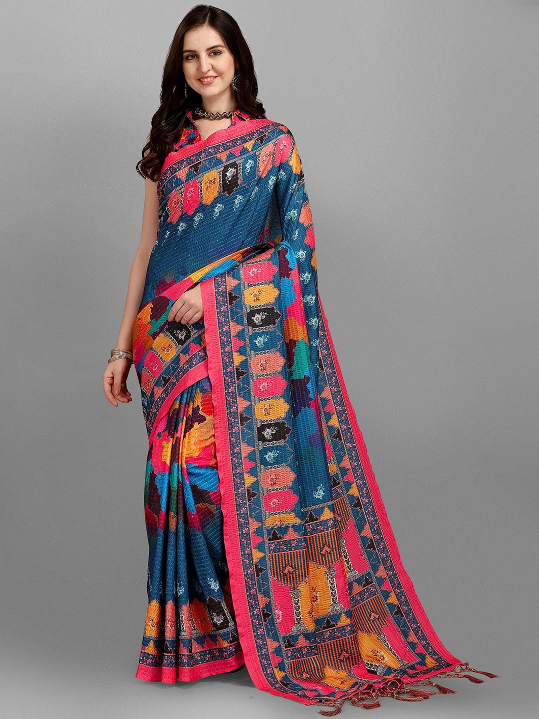 

YOYO Fashion Blue & Pink Floral Art Silk Saree