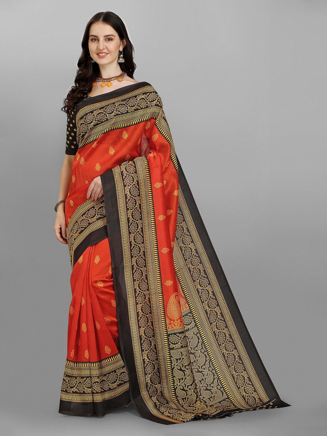 

YOYO Fashion Orange & Black Ethnic Motifs Art Silk Saree