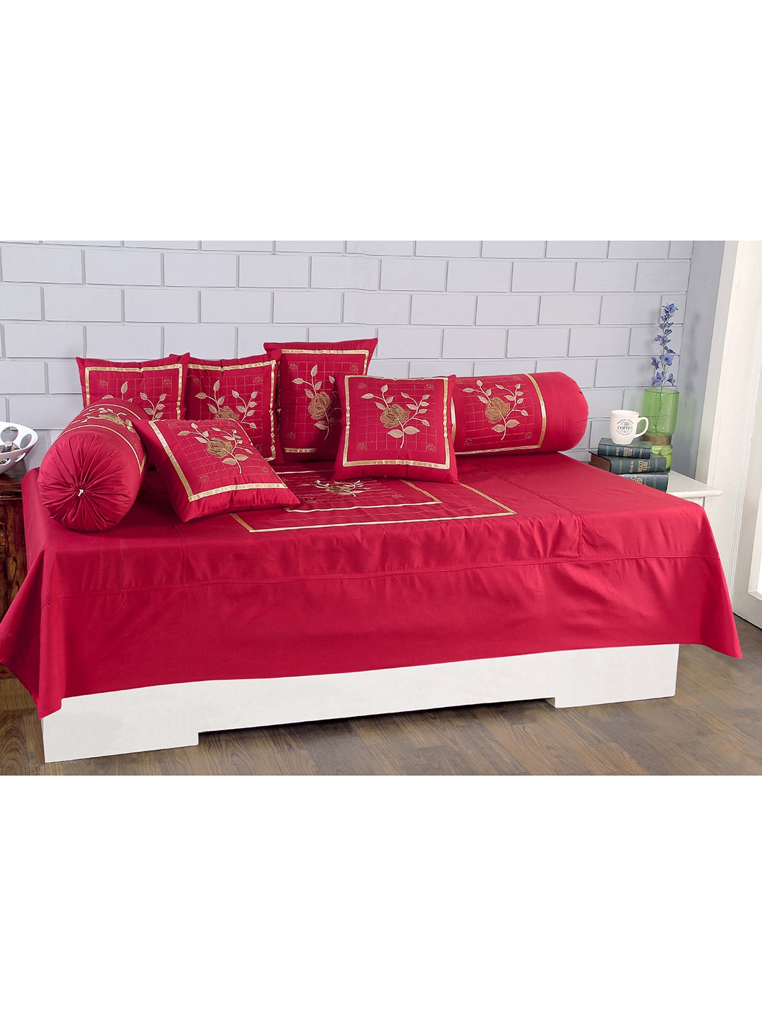 

Hammer Home Set Of 8 Maroon & Golden Embroidered Diwan Set