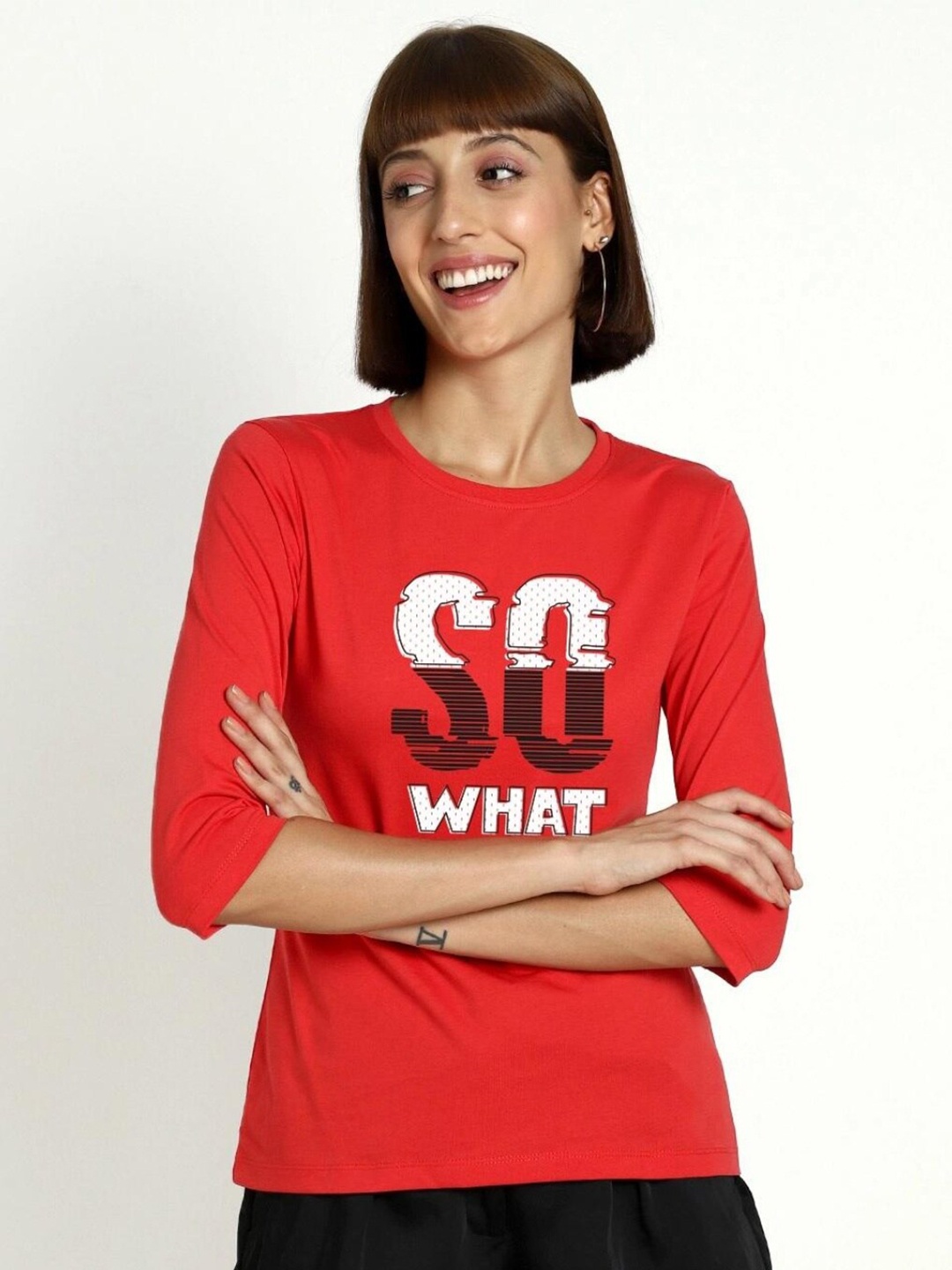 

Bewakoof Women Red Typography Printed Slim Fit T-shirt