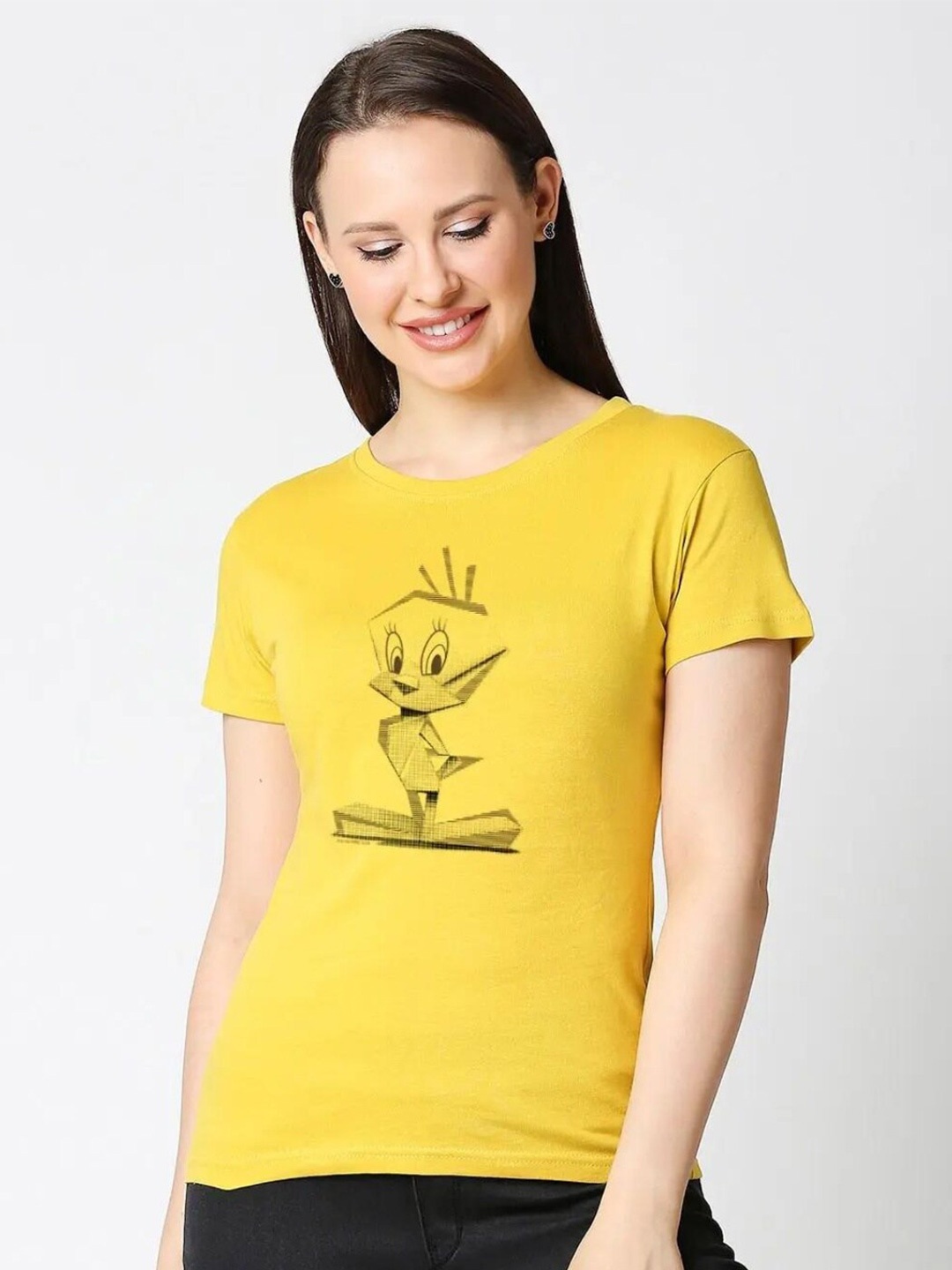 

Bewakoof Women Yellow Printed Extended Sleeves Slim Fit T-shirt