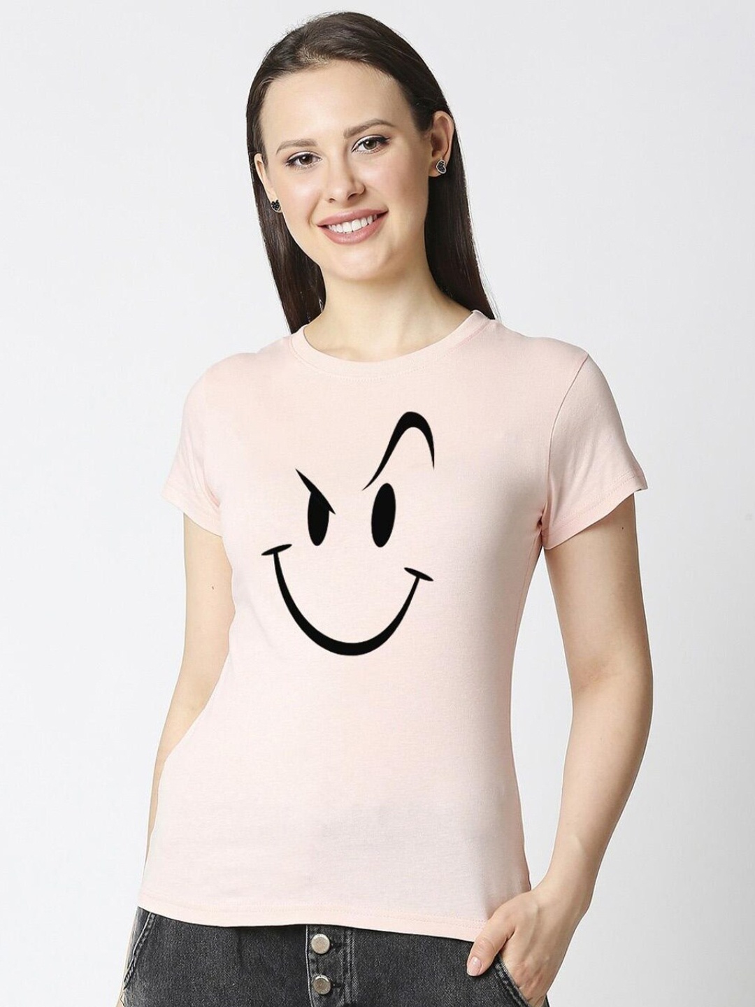 

Bewakoof Women Pink Printed Round Neck Slim Fit T-shirt