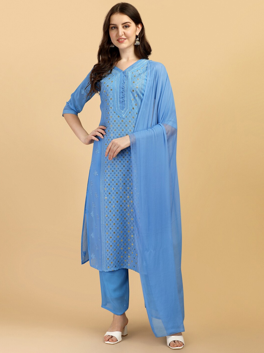 

Virah Fashion Women Blue Embroidered Sequinned Silk Georgette Kurta with Trousers & With Dupatta