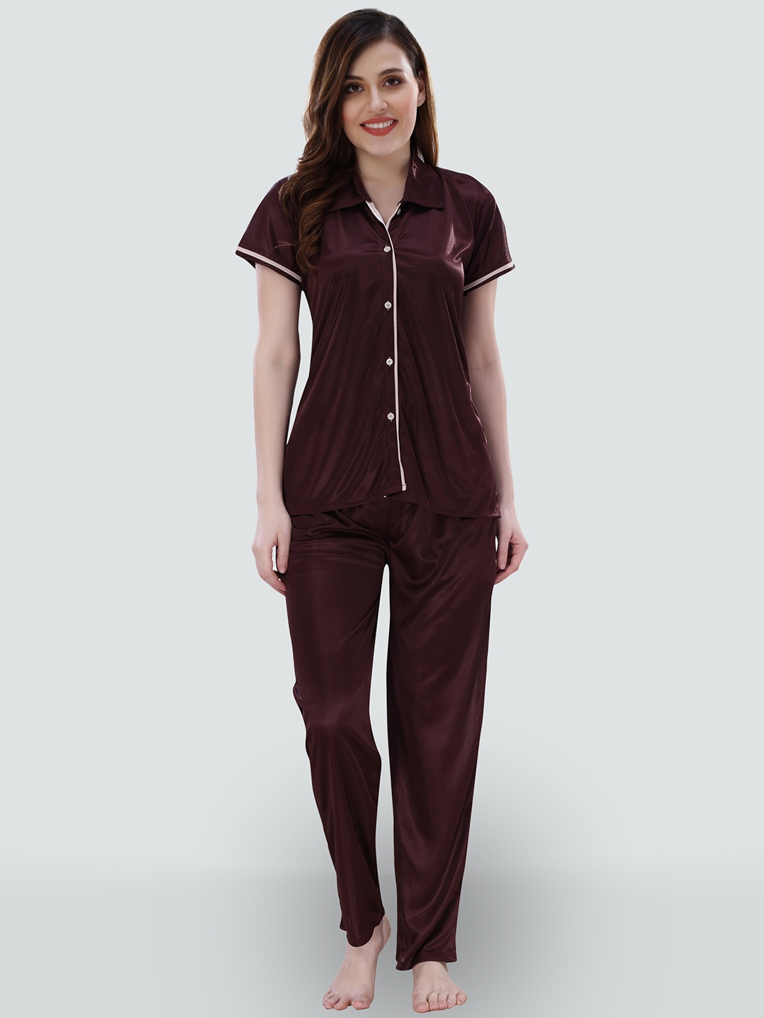 

Romaisa Women Brown & White Satin Solid Night suit