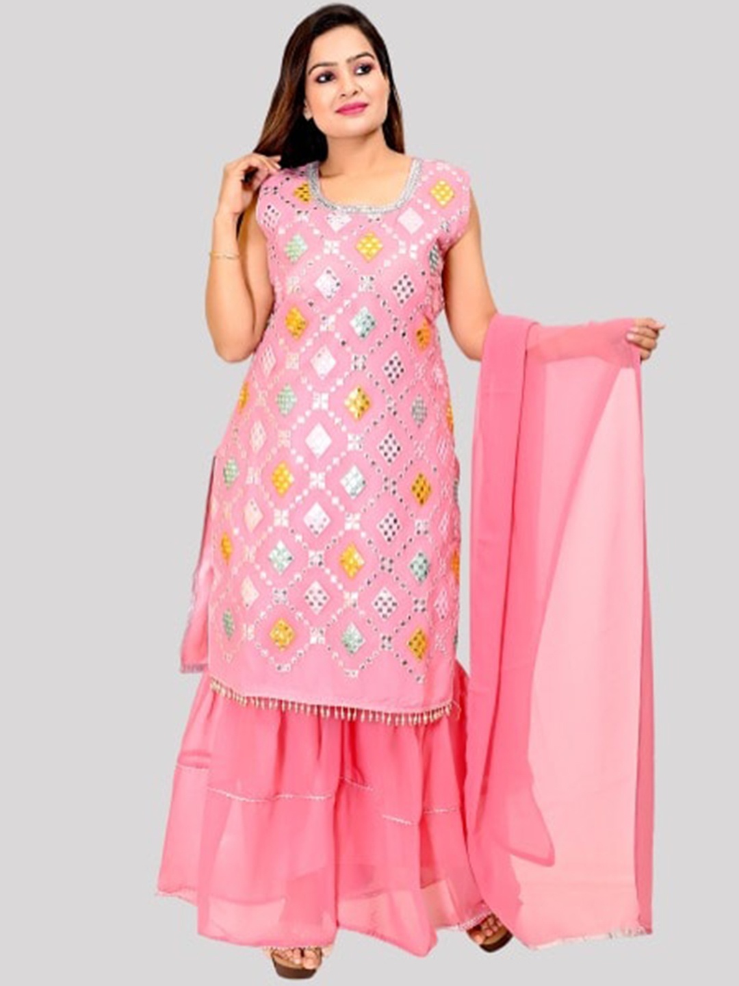 

FNOCKS Women Pink Embroidered Mirror Work Kurta with Sharara & Dupatta