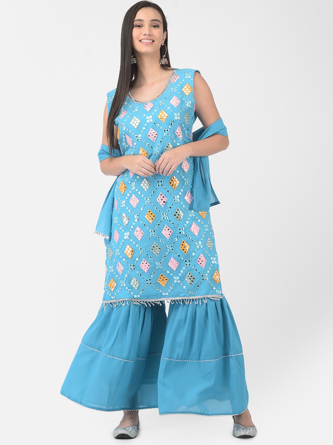 

FNOCKS Women Blue Georgette Printed Gotta Patti Kurti with Sharara pant