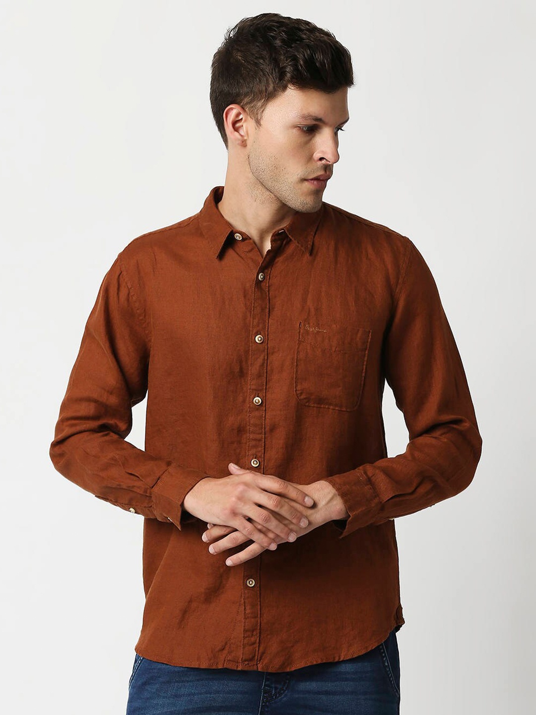 

Pepe Jeans Men Brown Solid Linen Casual Shirt