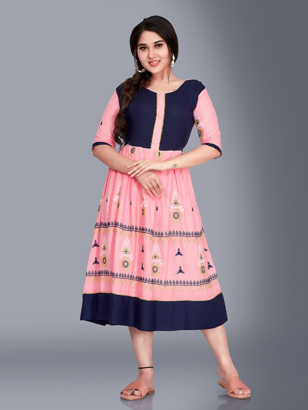

Ayukti Pink Ethnic Motifs Maternity A-Line Midi Dress