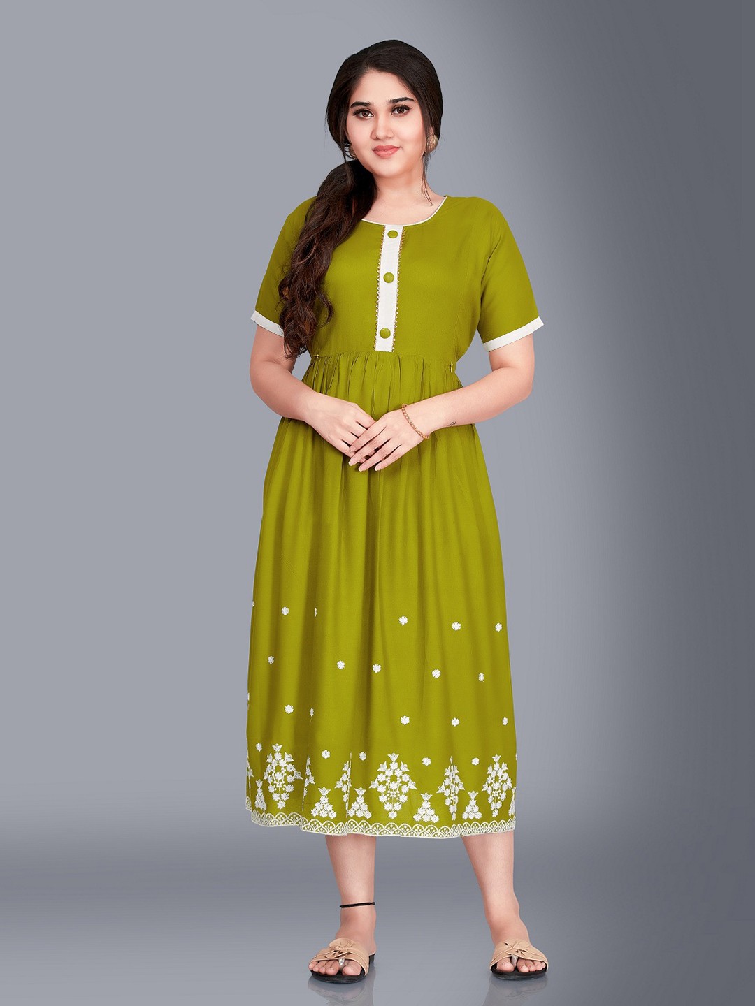 

Ayukti Lime Green Floral Maternity Empire Midi Dress