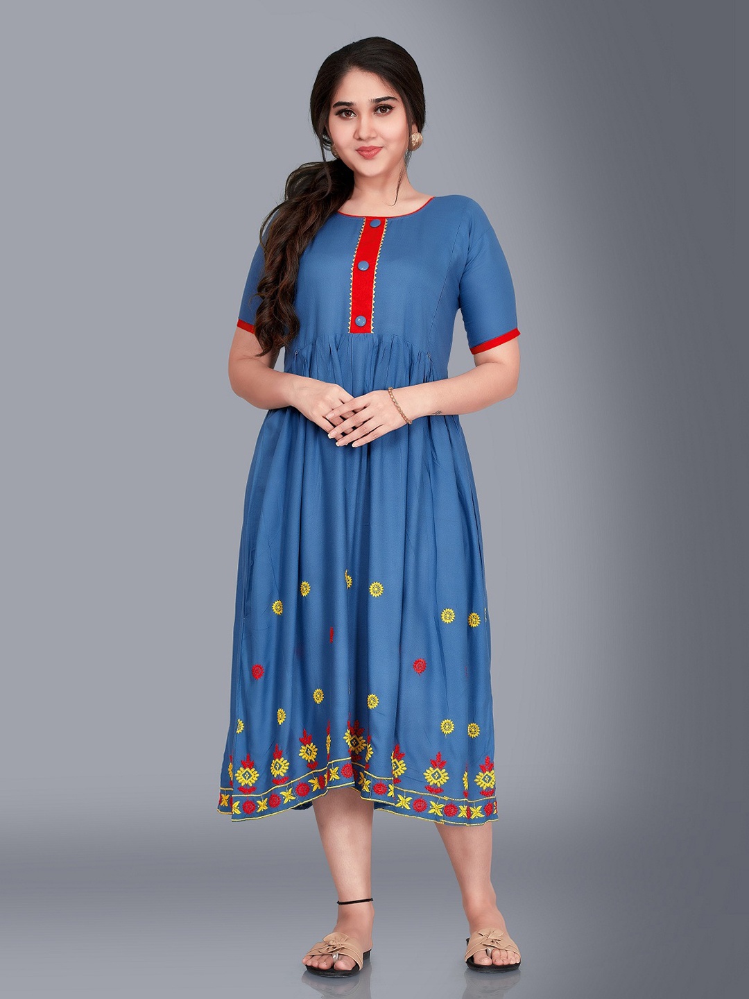 

Ayukti Blue & Red Floral Embroidered Maternity Midi Dress