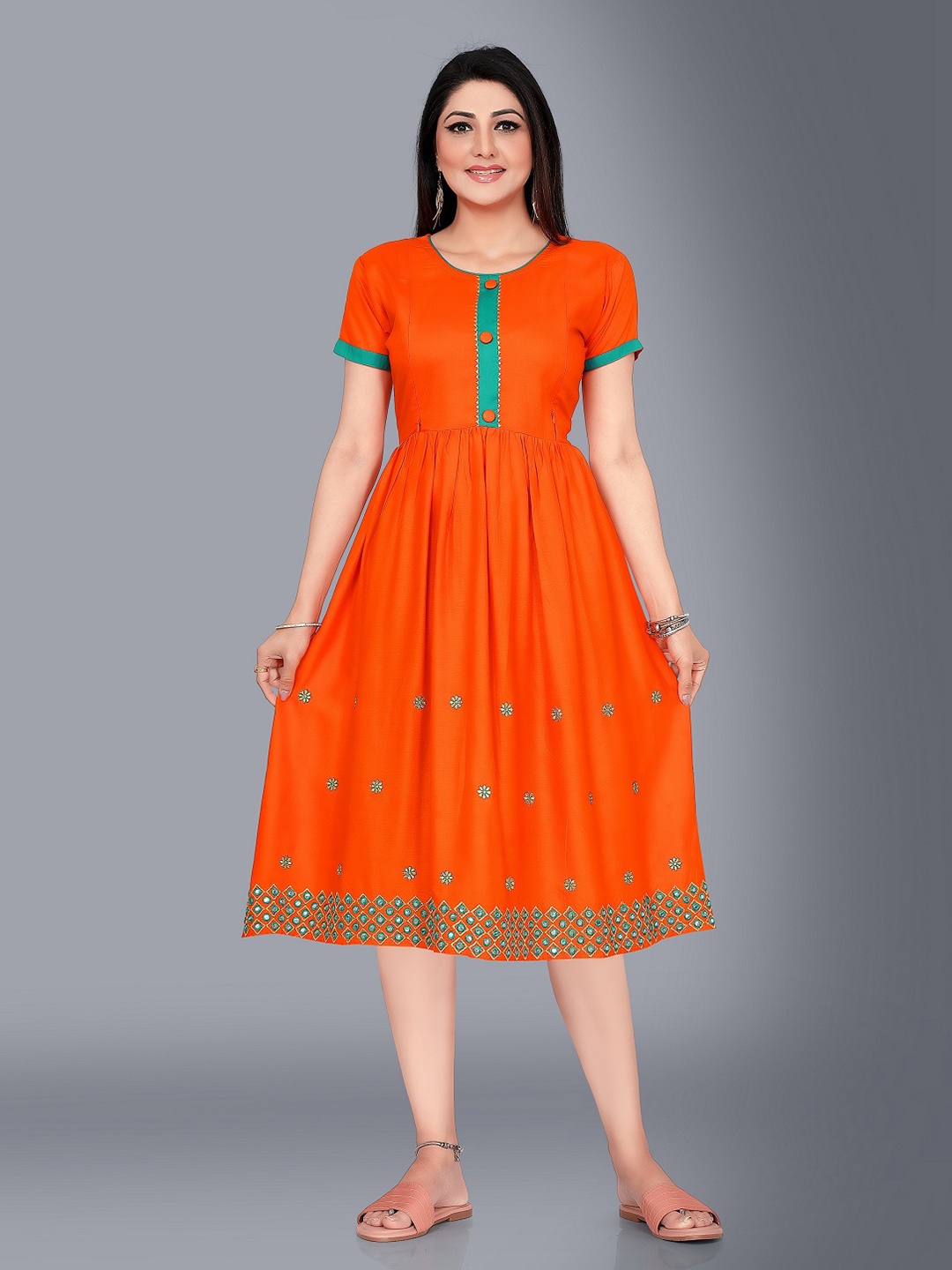 

Ayukti Women Orange Embroidered Maternity Midi Dress