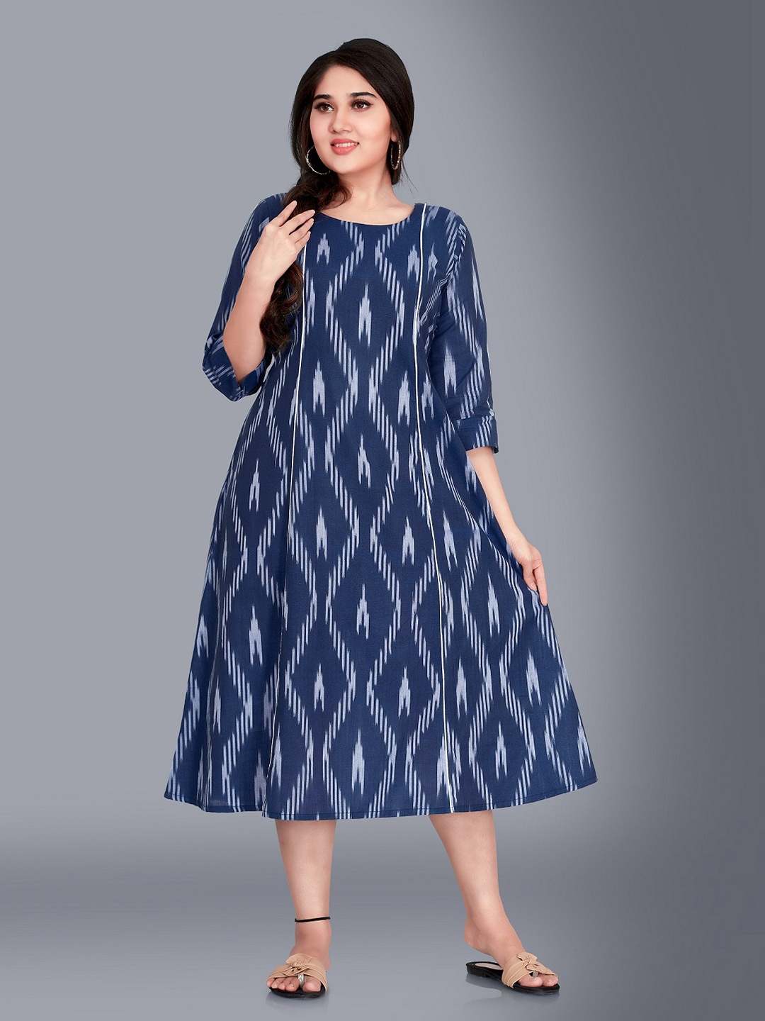 

Ayukti Navy Blue Maternity A-Line Ikkat Midi Dress