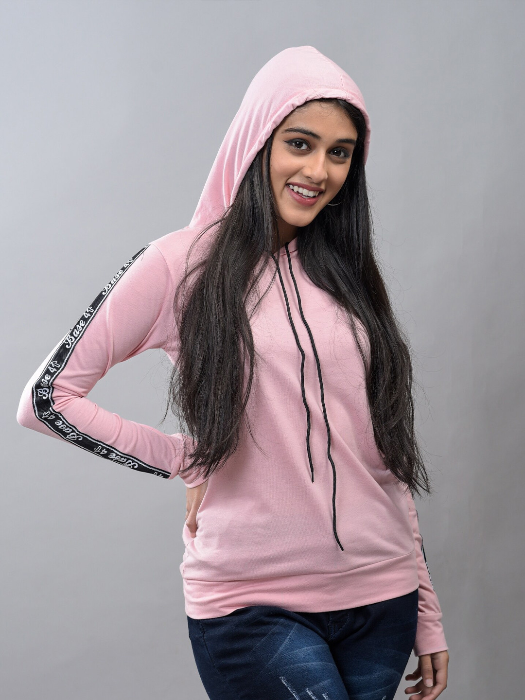 

BASE 41 Women Pink Solid Hooded Sweatshirt