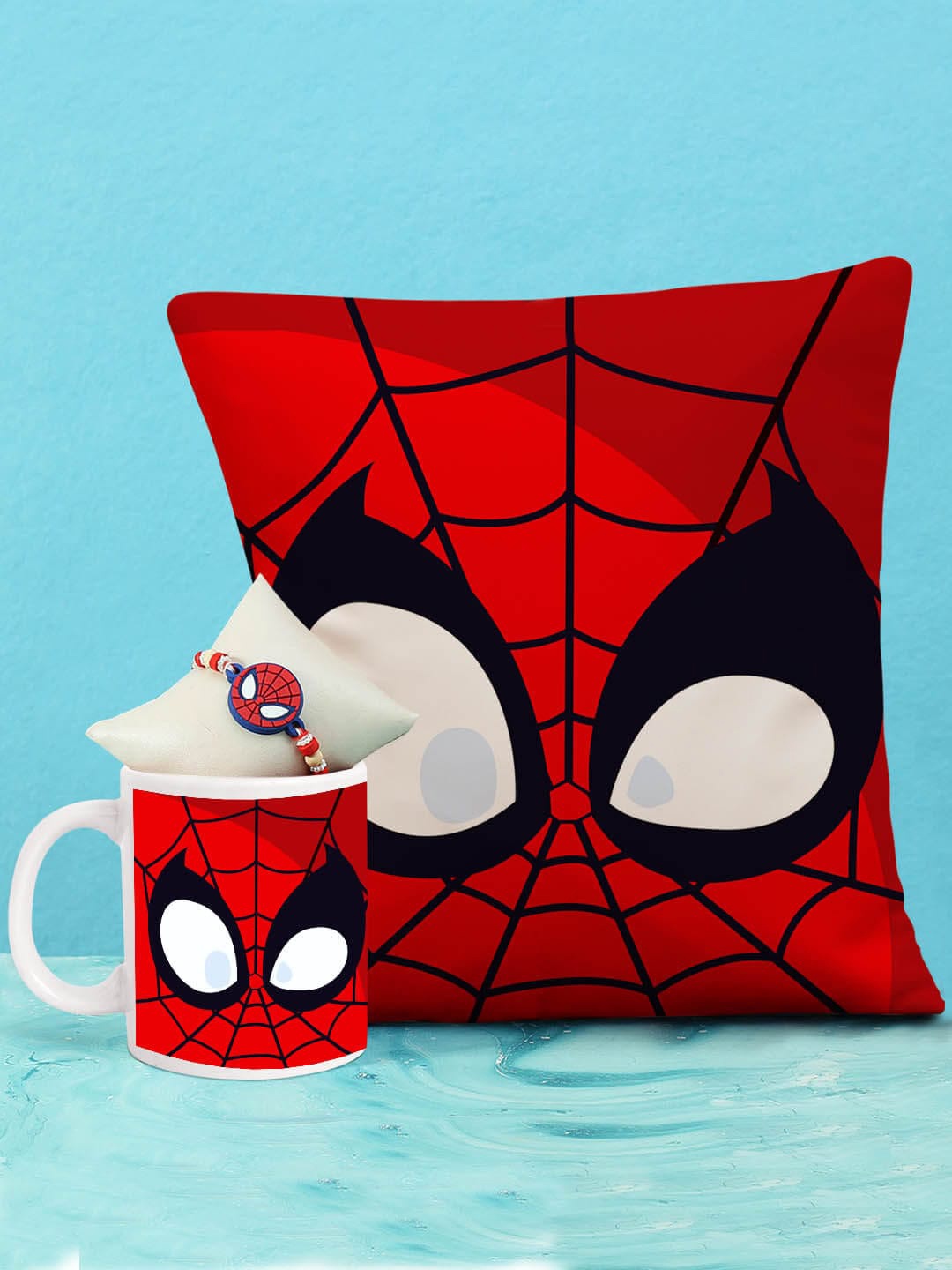 

TIED RIBBONS Red & Black Spiderman Rakhi with Coffee Mug & Cushion Combo Gift Set