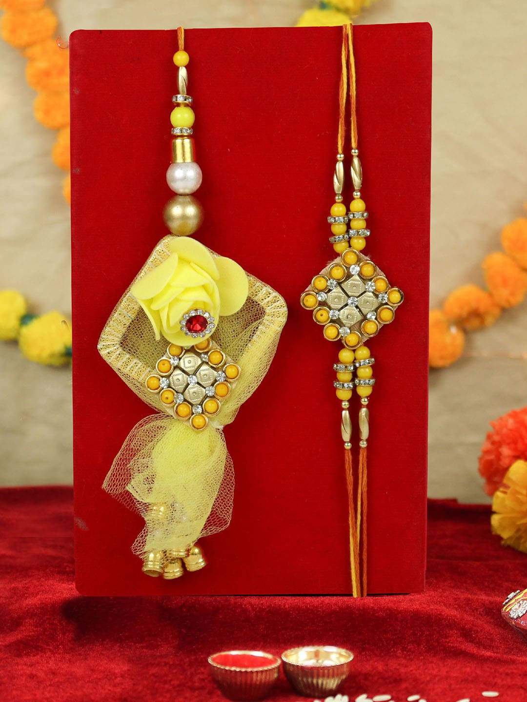 

TIED RIBBONS Set of 2 Yellow Bhiaya Bhabhi Rakhi Lumba Set Combo