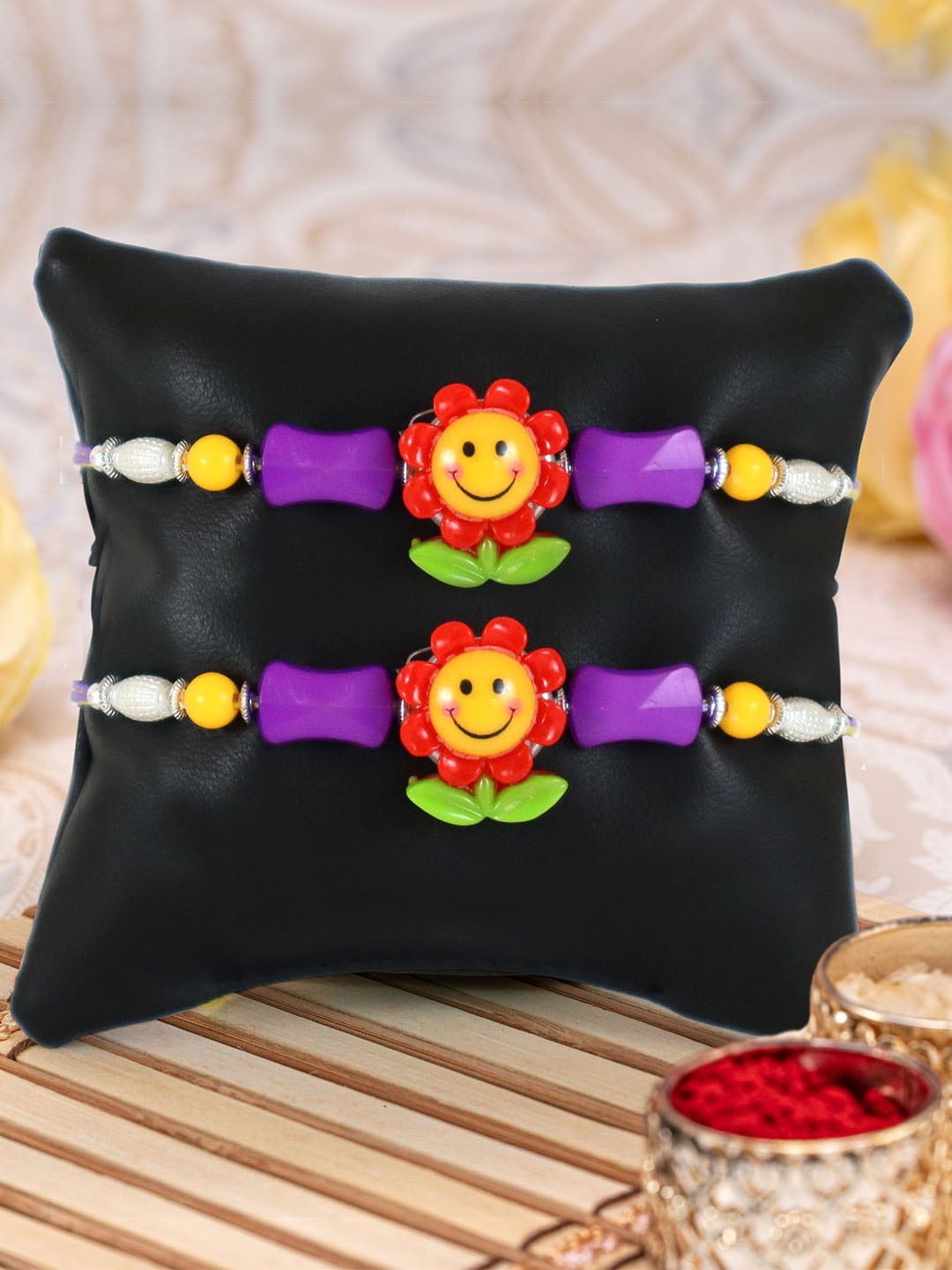 

TIED RIBBONS Set Of 2 Beaded Floral Rakhi, Red