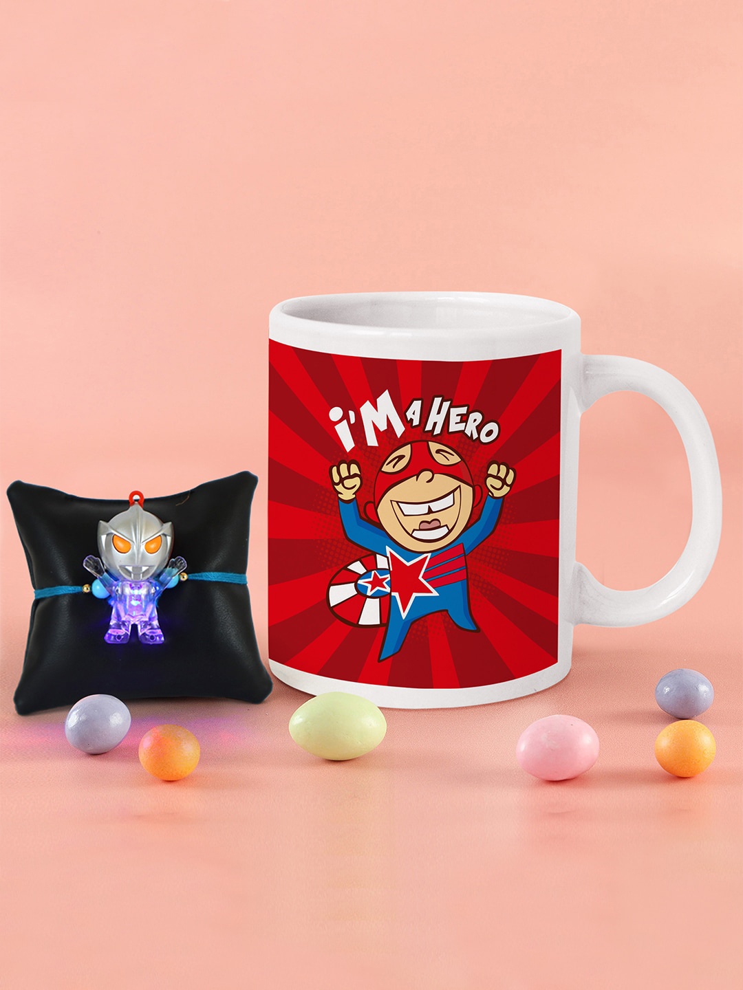 

TIED RIBBONS White and Red Printed Cushion Coffee Mug Rakhi Gift Set, Multi