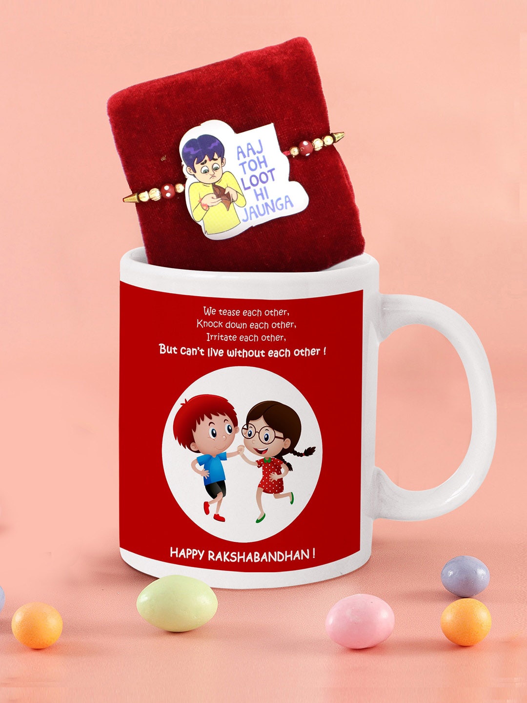 

TIED RIBBONS Kids Cartoon Rakhi with Printed Coffee Mug Gift Set, Red