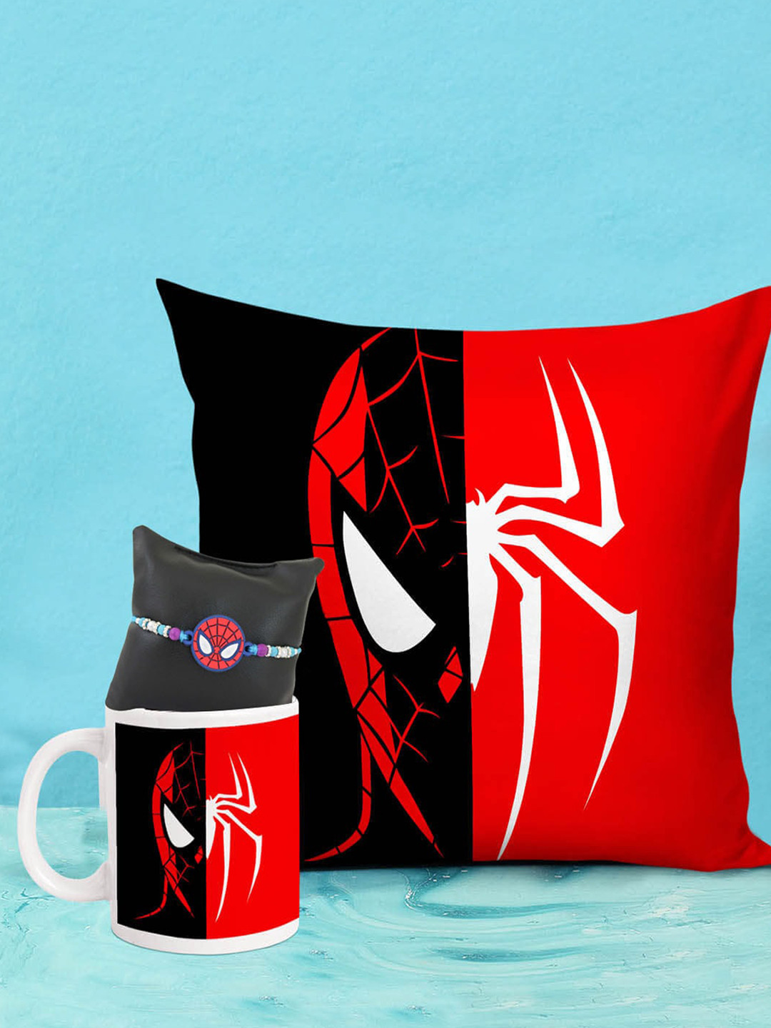 

TIED RIBBONS Red & Black Spiderman Rakhi with Coffee Mug & Cushion Combo Gift Set