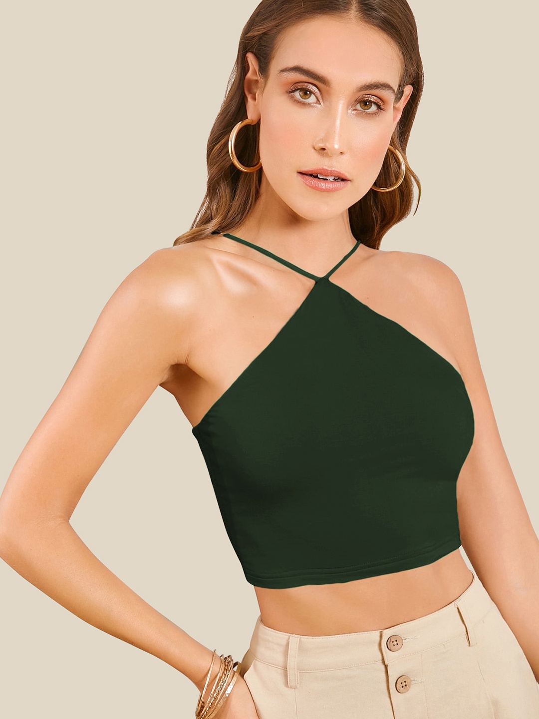 

AAHWAN women's shoulder strap Green Crop Top