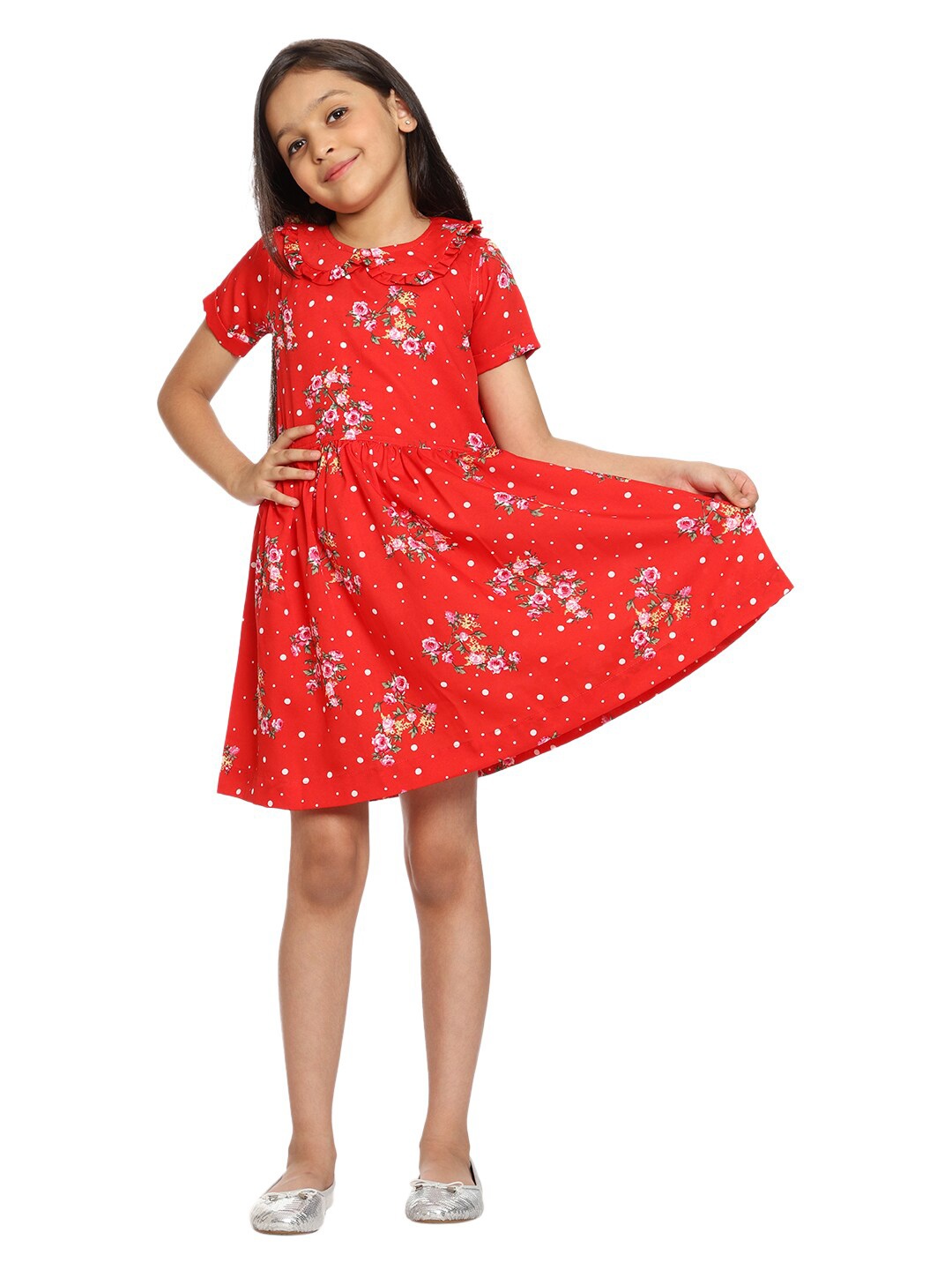

CREMLIN CLOTHING Red Floral Peter Pan Collar Crepe A-Line Dress