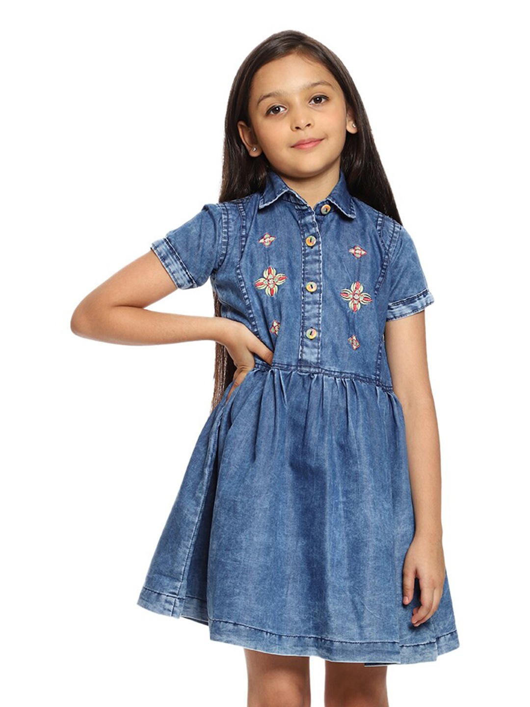 

CREMLIN CLOTHING Blue Floral Embroidered Denim Dress
