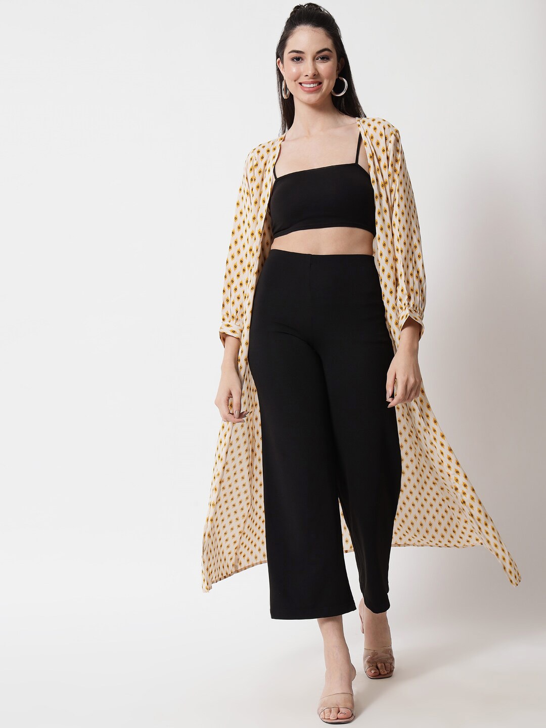 

COASTLAND Women Beige & Yellow Printed Longline Open Front Shrug