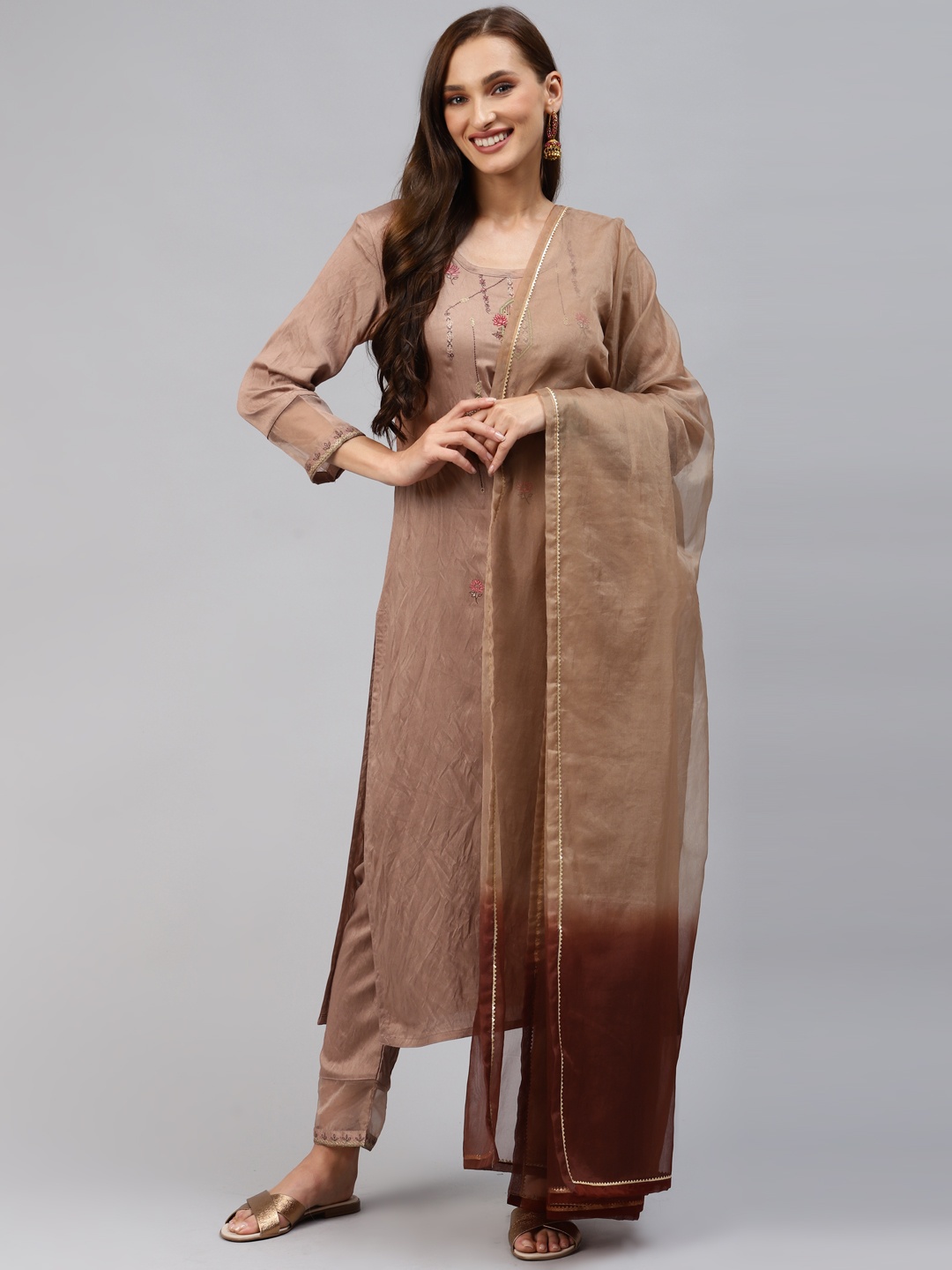 

SheWill Women Brown Floral Embroidered Kurta with Trousers & With Dupatta