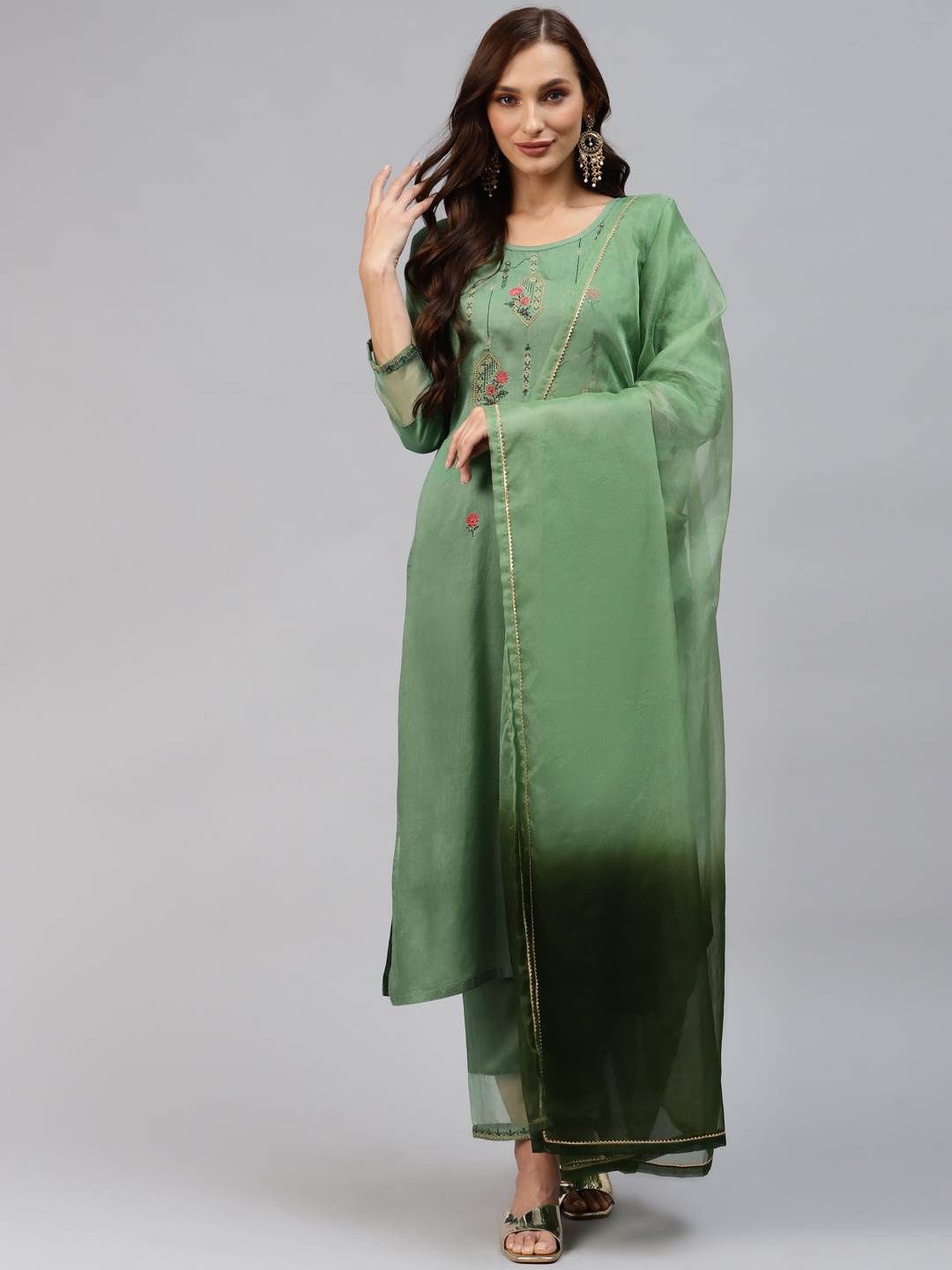 

SheWill Women Green Floral Embroidered Thread Work Kurta with Trousers & With Dupatta