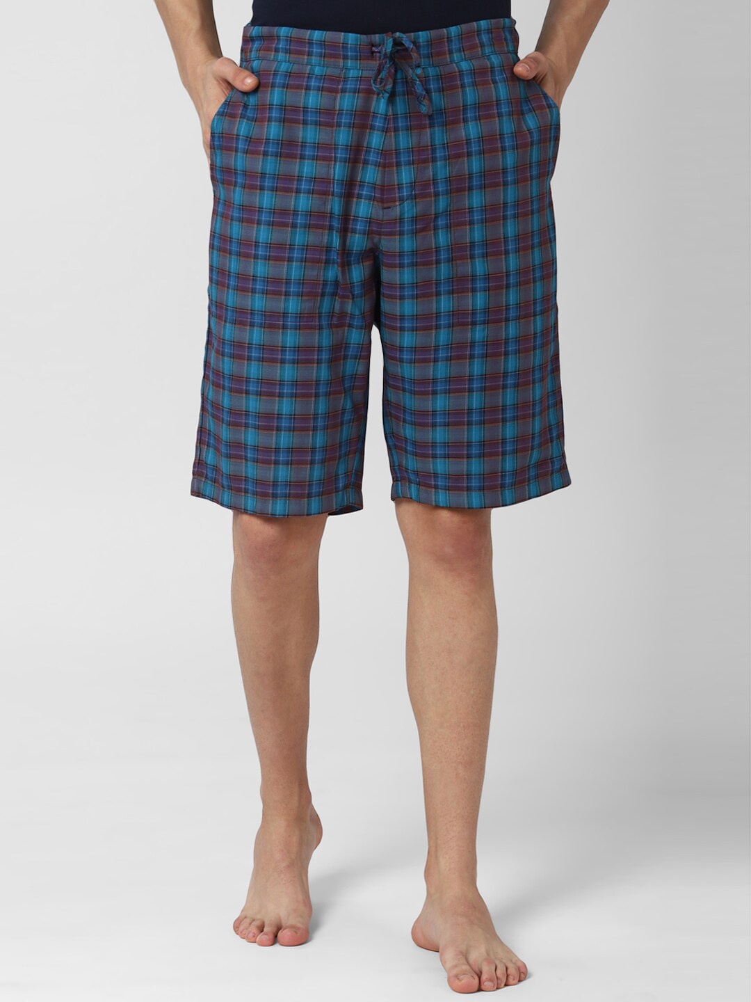 

Peter England Men Navy Blue & Brown Checked Lounge Shorts
