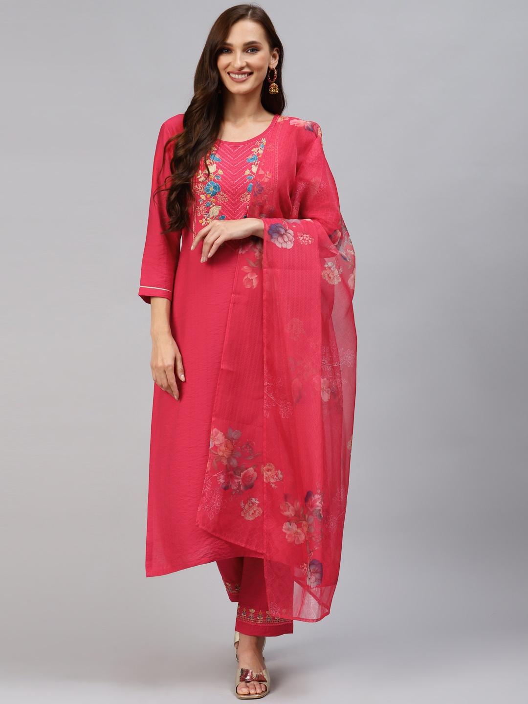 

SheWill Women Fuchsia Floral Embroidered Zardozi Kurta with Trousers & With Dupatta
