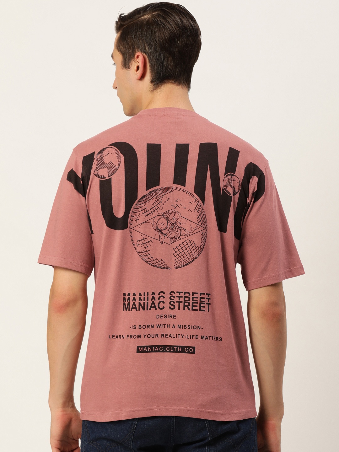 Maniac Men Pink & Black Pure Cotton Typography Printed T-shirt