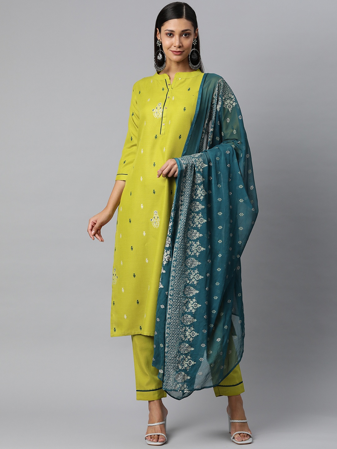 

SheWill Women Lime Green Ethnic Motifs Printed Kurta with Trousers & With Dupatta