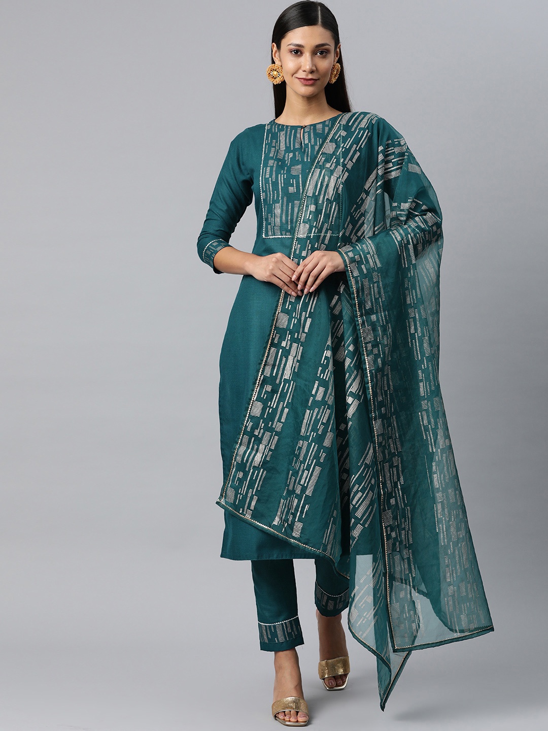 

SheWill Women Teal Embroidered Gotta Patti Kurta with Trousers & With Dupatta