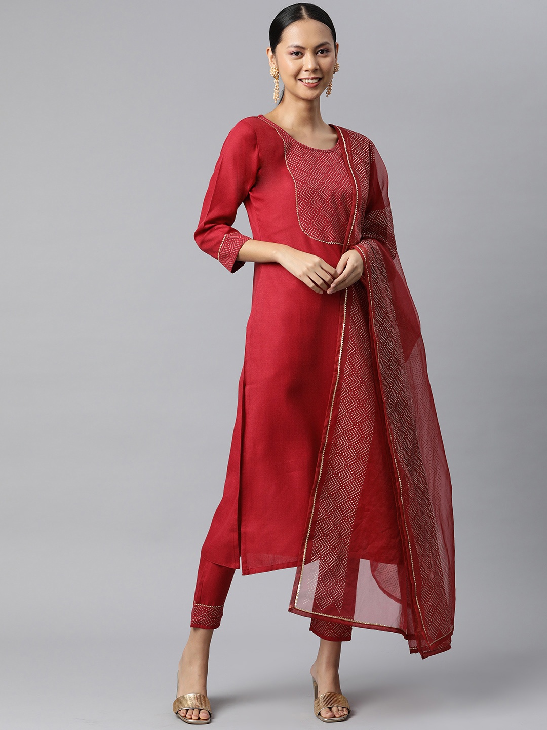 

SheWill Women Red Ethnic Motifs Printed Gotta Patti Kurta with Trousers & With Dupatta
