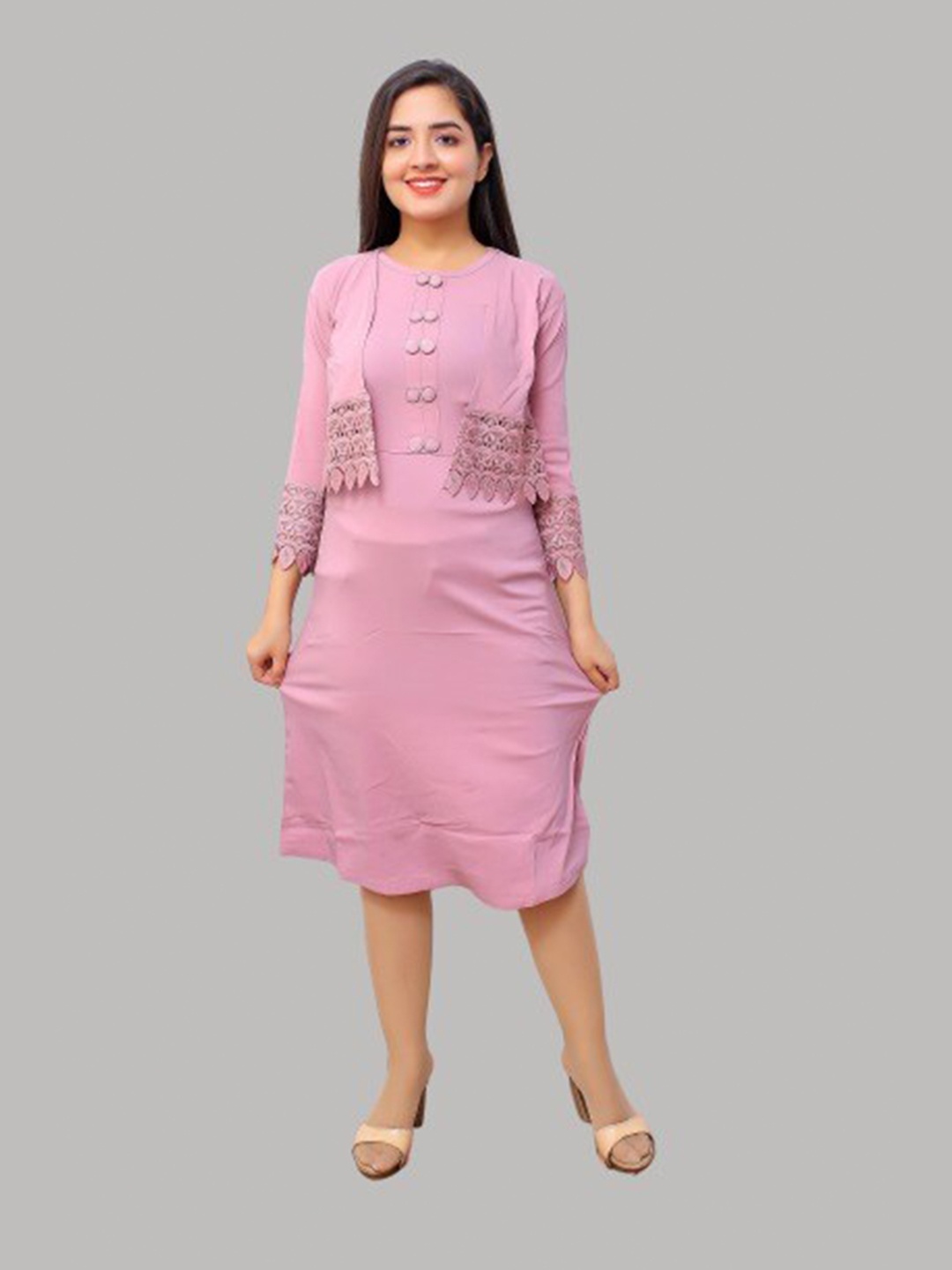 

FNOCKS Women Pink Solid A-Line Kurta with Jacket