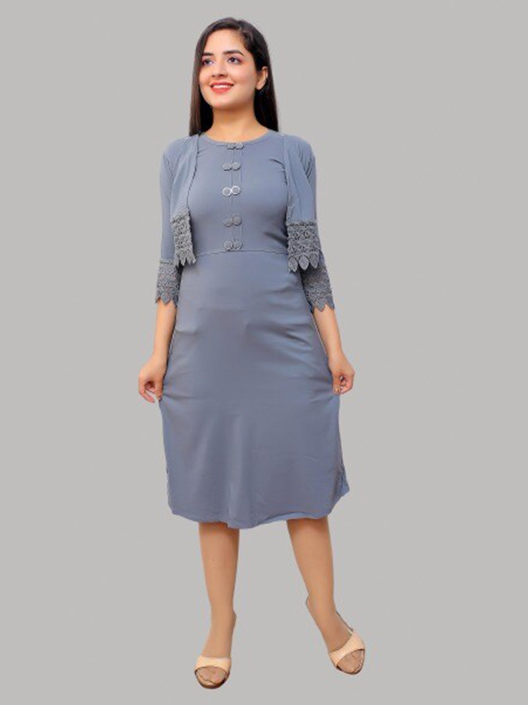 

FNOCKS Women Grey Solid A-Line Dress With Jacket