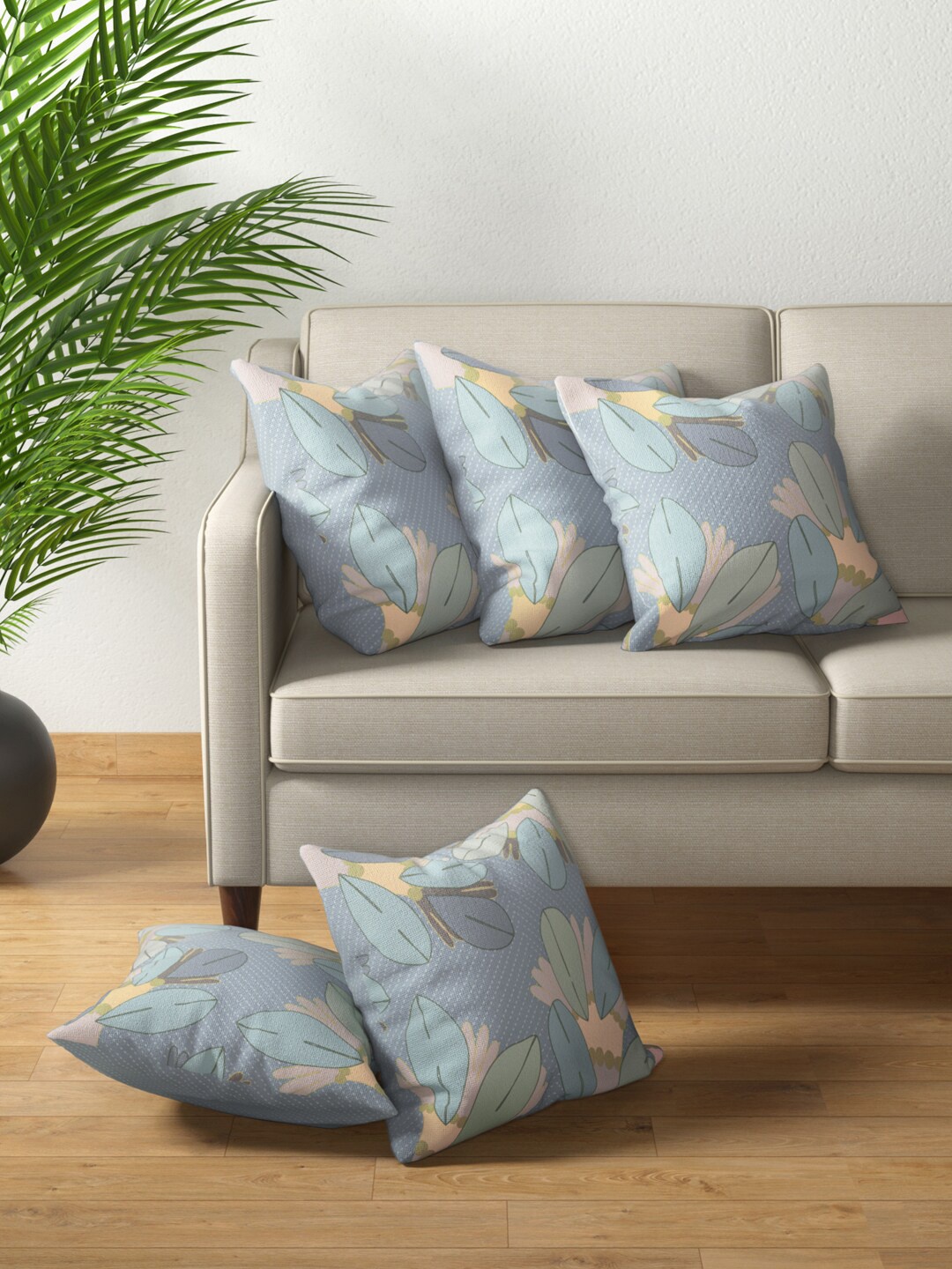 

PETAL HOME Blue & Peach Set of 5 Floral Square Cushion Covers