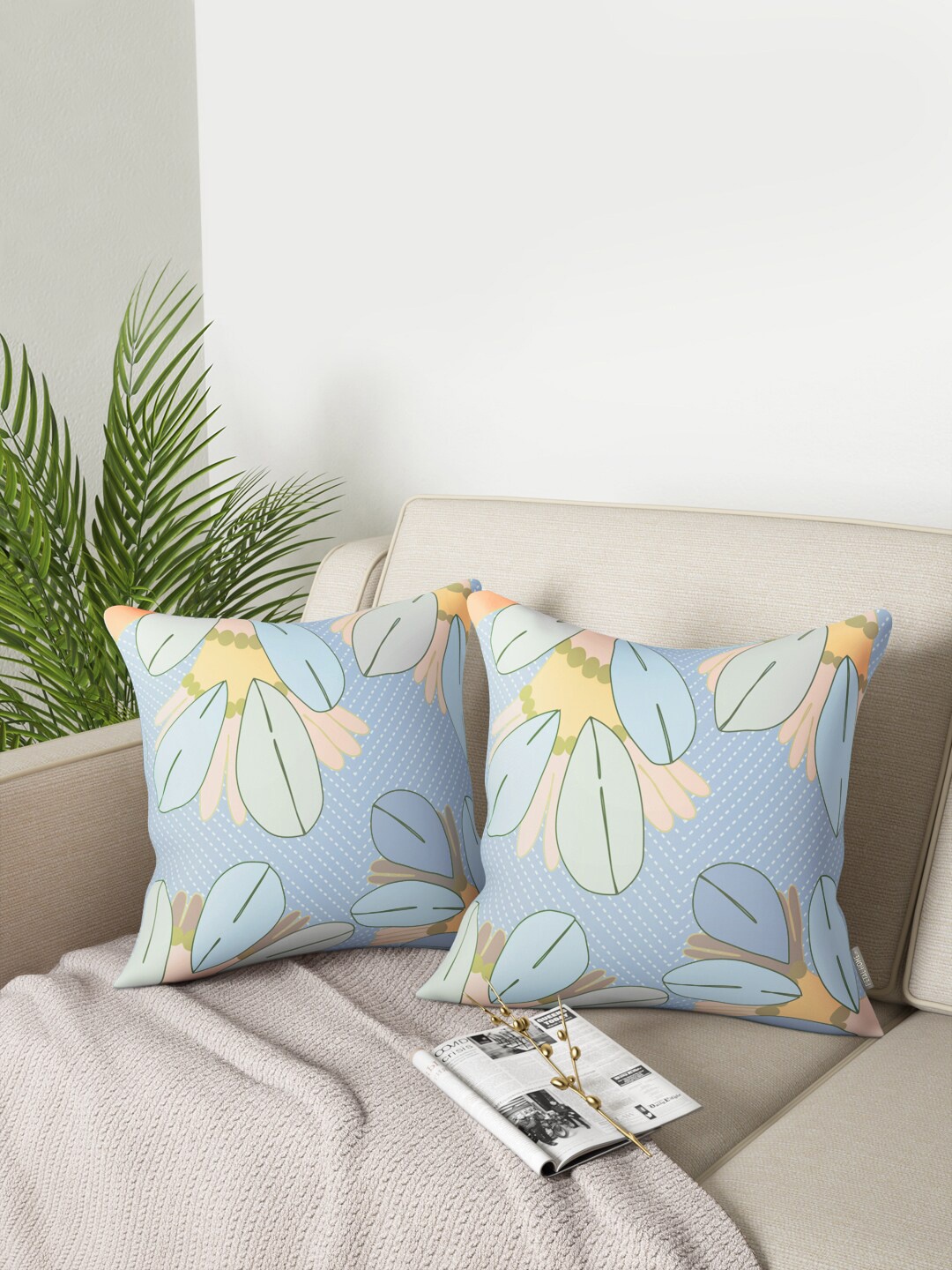 

PETAL HOME Blue & Mustard Set Of 2 Floral Square Cushion Covers