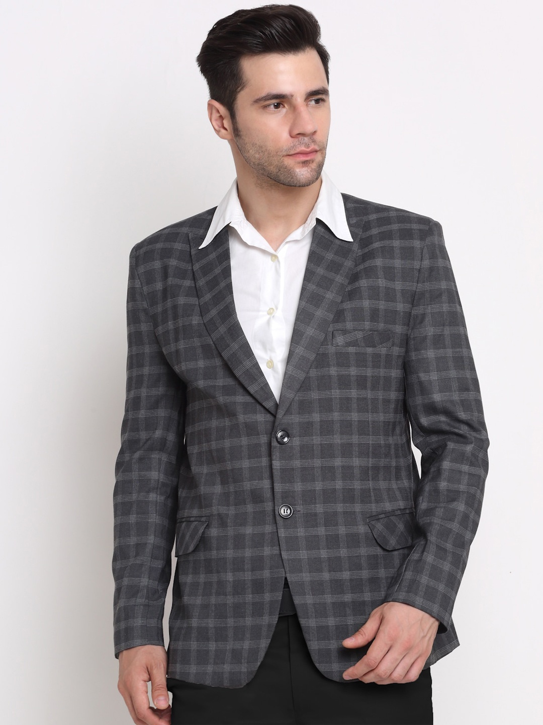 

KLOTTHE Men Grey Notched Lapel Checked Single Breasted Blazers