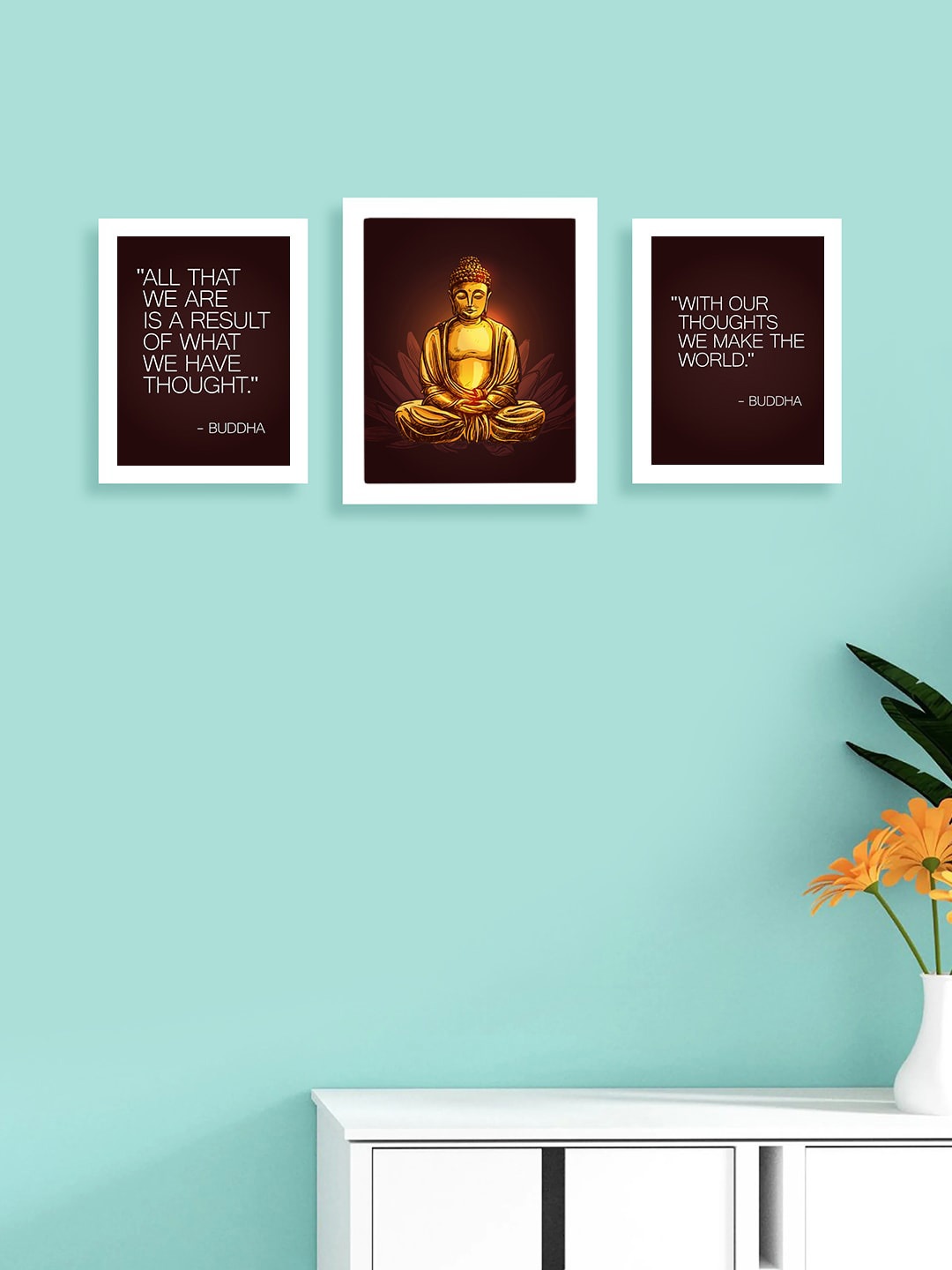 

Golden Peacock Set Of 3 Quotes Printed Wall Photo Frames, White