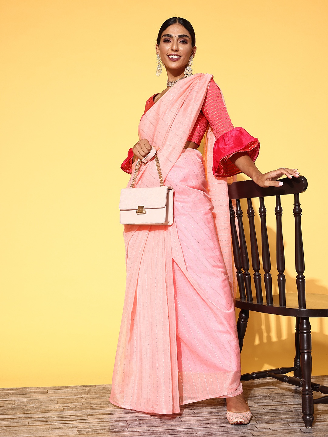 

Tikhi Imli Striped Saree with Solid border, Peach