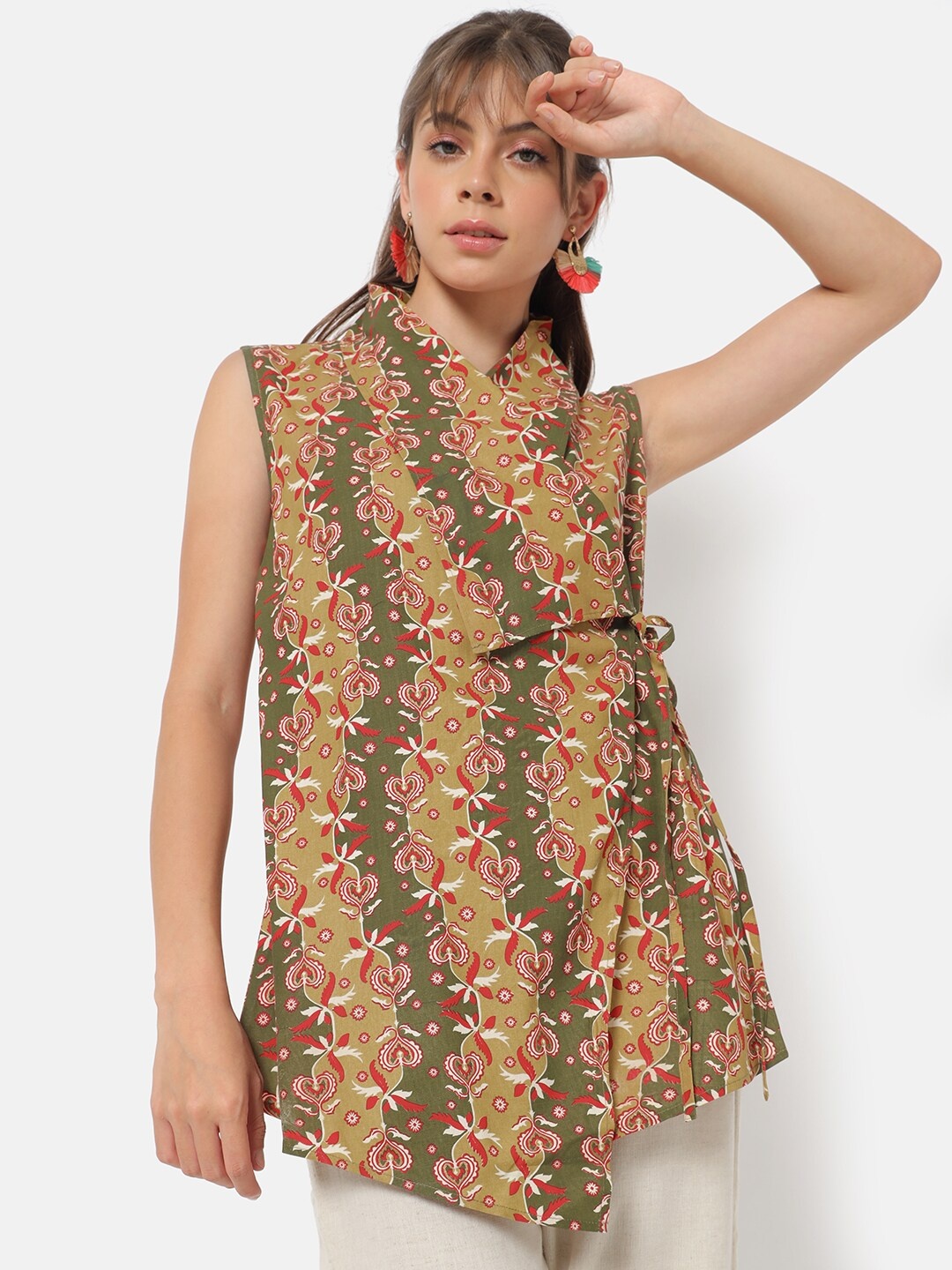 

Saaki Women Olive Green & Red Ethnic Printed Tunic