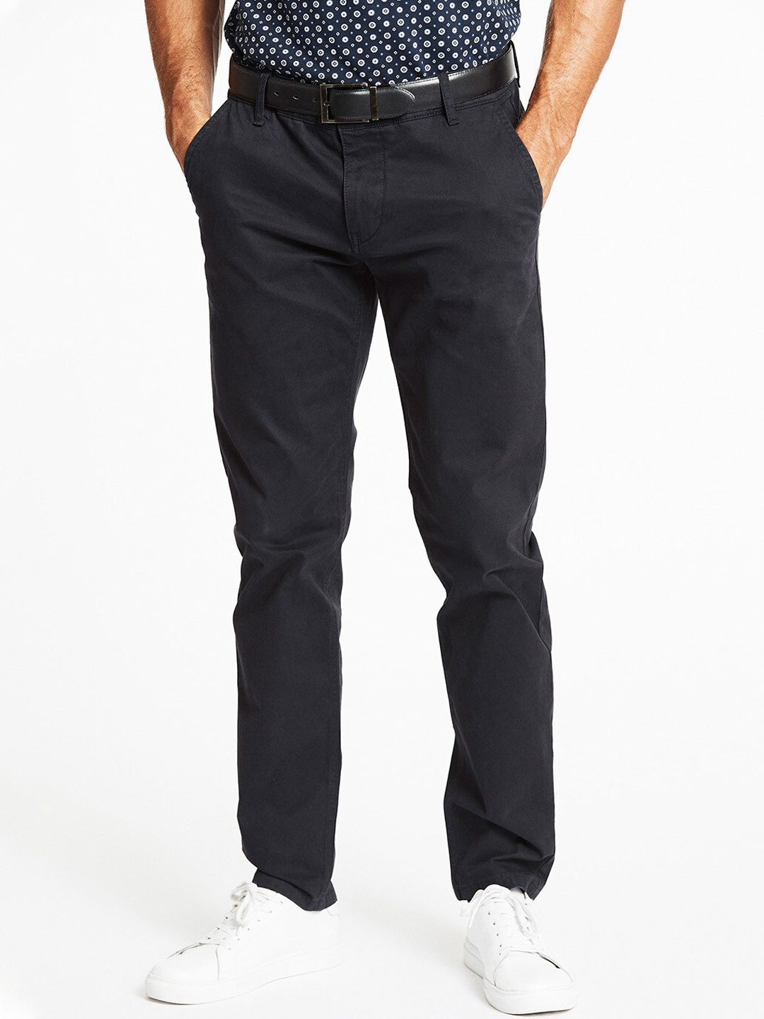

LINDBERGH Men Navy Blue Solid Cotton Slim Fit Trousers