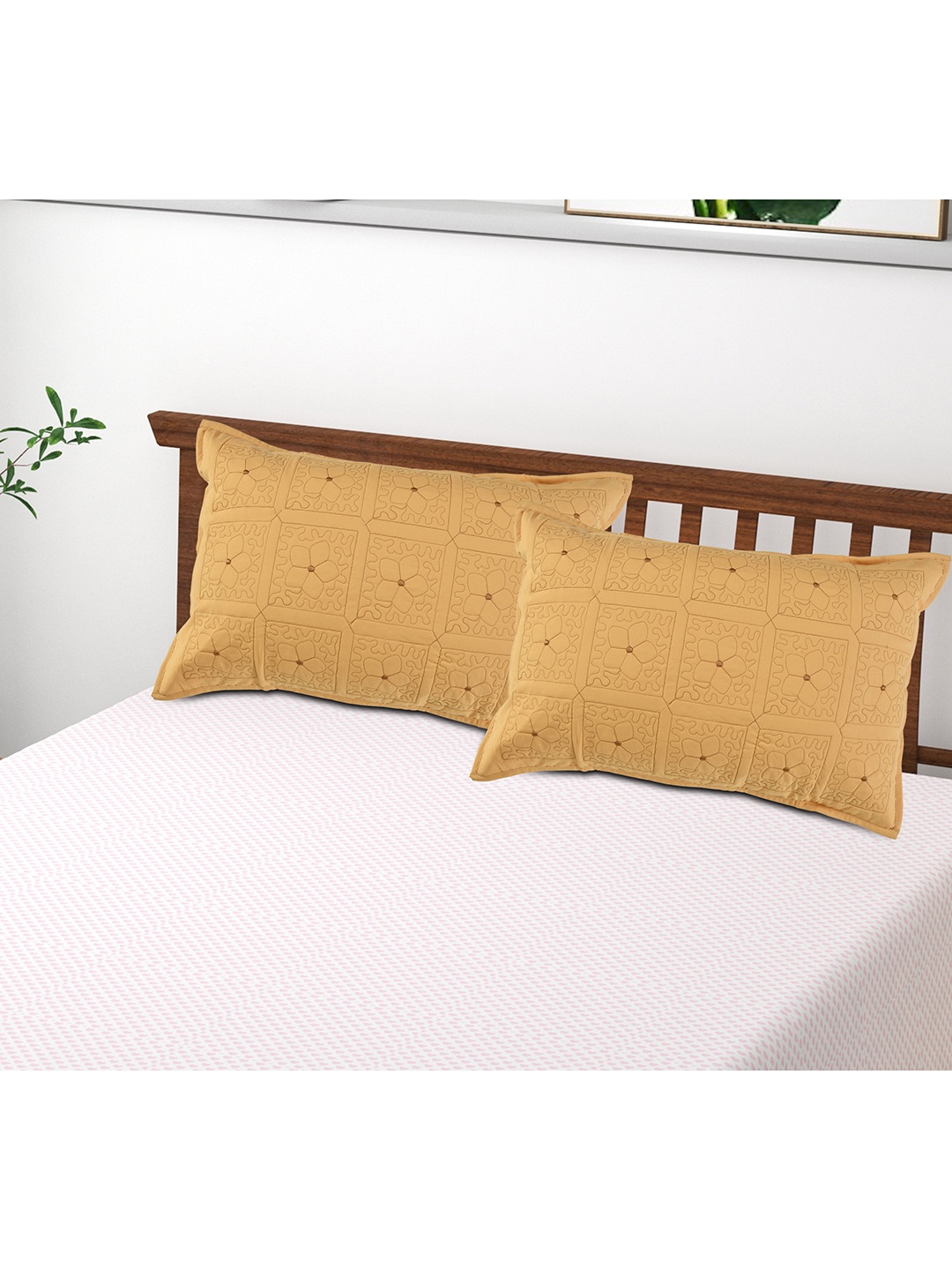 

Hammer Home Beige Set of 2 Solid Floral Embroidered Rectangular Pillow Covers