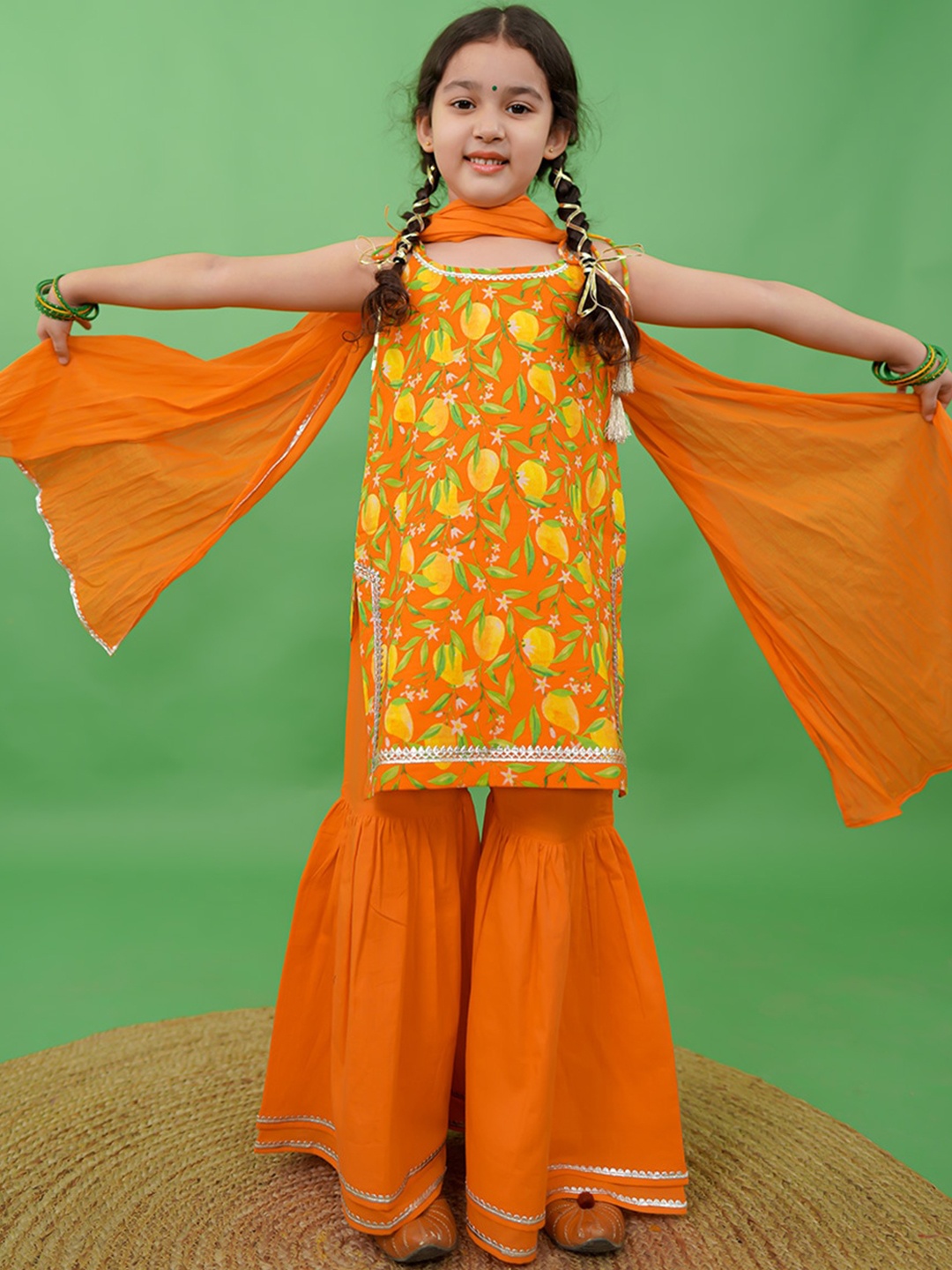 

Tiber Taber Girls Orange Printed Pure Cotton Kurta with Sharara & With Dupatta